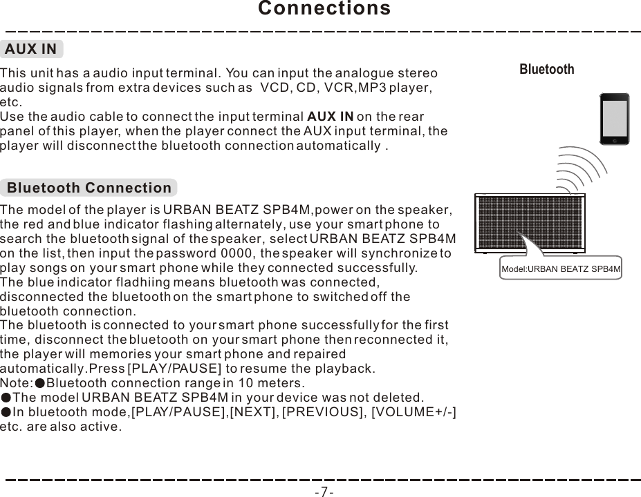 Connections-7-AUX INThis unit has a audio input terminal. You can input the analogue stereo audio signals from extra devices such as  VCD, CD, VCR,MP3 player, etc.Use the audio cable to connect the input terminal AUX IN on the rear panel of this player, when the player connect the AUX input terminal, the player will disconnect the bluetooth connection automatically .Bluetooth ConnectionThe model of the player is URBAN BEATZ SPB4M,power on the speaker, the red and blue indicator flashing alternately, use your smart phone to search the bluetooth signal of the speaker, select   on the list, then input the password 0000, the speaker will synchronize to play songs on your smart phone while they connected successfully. isconnected the bluetooth on the smart phone to switched off the bluetooth connection.The bluetooth is connected to your smart phone successfully for the first time, disconnect the bluetooth on your smart phone then reconnected it, the player will memories your smart phone and repaired automatically.Press [PLAY/PAUSE] to resume the playback.URBAN BEATZ SPB4MIn bluetooth mode,[PLAY/PAUSE],[NEXT], [PREVIOUS], [VOLUME+/-] etc. are also active.URBAN BEATZ SPB4MThe blue indicator fladhiing means bluetooth was connected, dNote: Bluetooth connection range in 10 meters.The model   in your device was not deleted.Bluetooth Model:URBAN BEATZ SPB4M