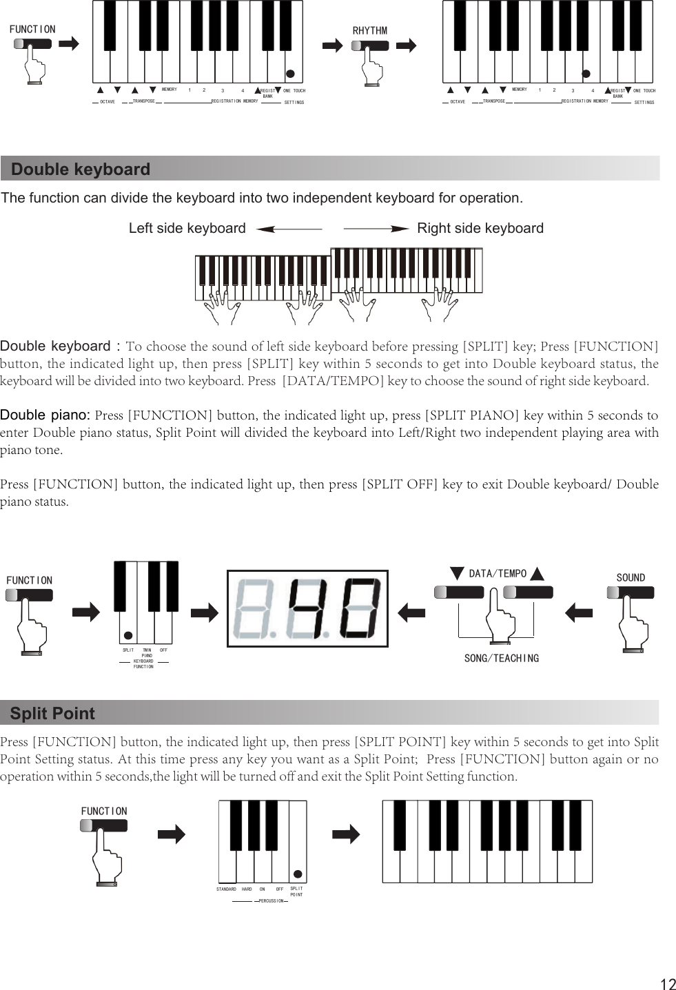 12Split PointPress [FUNCTION] button, the indicated light up, then press [SPLIT POINT] key within 5 seconds to get into Split Point Setting status. At this time press any key you want as a Split Point;  Press [FUNCTION] button again or no operation within 5 seconds,the light will be turned off and exit the Split Point Setting function.STANDARD ON OFFHARDPERCUSSIONSPLIT POINTFUNCTION REGIST BANKOCTAVE TRANSPOSEMEMORY 1 2 3 4REGISTRATION MEMORYONE TOUCHSETTINGSREGIST BANKOCTAVE TRANSPOSEMEMORY 1 2 3 4REGISTRATION MEMORYONE TOUCHSETTINGSFUNCTION  RHYTHM Double keyboard : To choose the sound of left side keyboard before pressing [SPLIT] key; Press [FUNCTION]button, the indicated light up, then press [SPLIT] key within 5 seconds to get into Double keyboard status, the keyboard will be divided into two keyboard. Press  [DATA/TEMPO] key to choose the sound of right side keyboard.Double piano: Press [FUNCTION] button, the indicated light up, press [SPLIT PIANO] key within 5 seconds to enter Double piano status, Split Point will divided the keyboard into Left/Right two independent playing area with piano tone.Press [FUNCTION] button, the indicated light up, then press [SPLIT OFF] key to exit Double keyboard/ Double piano status.FUNCTION TWIN PIANOSPLIT OFFKEYBOARD FUNCTIONDATA/TEMPOSONG/TEACHING SOUND Double keyboardThe function can divide the keyboard into two independent keyboard for operation.Left side keyboard Right side keyboard
