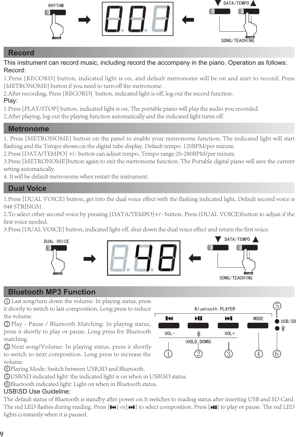 9RecordMetronomeDual VoiceBluetooth MP3 FunctionRHYTHM  DATA/TEMPOSONG/TEACHING This instrument can record music, including record the accompany in the piano. Operation as follows:Record:1.Press [RECORD] button, indicated light is on, and default metronome will be on and start to record; Press [METRONOME] button if you need to turn off the metronome.2.After recording, Press [RECORD]  button, indicated light is off, log out the record function.Play:1.Press [PLAY/STOP] button, indicated light is on, The portable piano will play the audio you recorded. 2.After playing, log out the playing function automatically and the indicated light turns off.1. Press [METRONOME] button on the panel to enable your metronome function; The indicated light will start flashing and the Tempo shows on the digital tube display. Default tempo: 120BPM/per minute.2.Press [DATA/TEMPO] +/- button can adjust tempo, Tempo range:20-280BPM/per minute.3.Press [METRONOME]button again to exit the metronome function. The Portable digital piano will save the current setting automatically.4. It will be default metronome when restart the instrument.1.Press [DUAL VOICE] button, get into the dual voice effect with the flashing indicated light, Default second voice is 048 STRINGS1.2.To select other second voice by pressing [DATA/TEMPO]+/- button, Press (DUAL VOICE)button to adjust if the first voice needed.3.Press [DUAL VOICE] button, indicated light off, shut down the dual voice effect and return the first voice.     Last song/turn down the volume: In playing status, press it shortly to switch to last composition. Long press to reduce the volume.    Play - Pause / Bluetooth Matching: In playing status, press it shortly to play or pause, Long press for Bluetooth matching.    Next song/Volume: In playing status, press it shortly to switch to next composition. Long press to increase the volume     Playing Mode: Switch between USB,SD and Bluetooth.     USB/SD indicated light: the indicated light is on when in USB\SD status.     Bluetooth indicated light: Light on when in Bluetooth status.USB\SD Use Guideline:The default status of Bluetooth is standby after power on.It switches to reading status after inserting USB and SD Card. The red LED flashes during reading. Press [     ] or[     ] to select composition. Press [     ] to play or pause. The red LED lights constantly when it is paused.DUAL VOICE  DATA/TEMPOSONG/TEACHING MODE VOL-  VOL+ USB/SD Bluetooth PLAYER(HOLD DOWN)1234 65123456