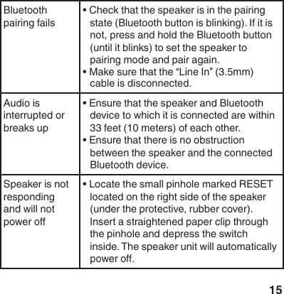 15Bluetooth pairing fails&bull; Check that the speaker is in the pairing state (Bluetooth button is blinking). If it is not, press and hold the Bluetooth button (until it blinks) to set the speaker to pairing mode and pair again. &bull; Make sure that the &ldquo;Line In&rdquo; (3.5mm) cable is disconnected.Audio is interrupted or breaks up&bull; Ensure that the speaker and Bluetooth device to which it is connected are within 33 feet (10 meters) of each other.&bull; Ensure that there is no obstruction between the speaker and the connected Bluetooth device. Speaker is not responding and will not power o&bull; Locate the small pinhole marked RESET located on the right side of the speaker (under the protective, rubber cover). Insert a straightened paper clip through the pinhole and depress the switch inside. The speaker unit will automatically power o. 