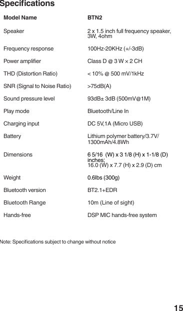 15Model Name BTN2          Weight  BT2.1+EDR  Specications 