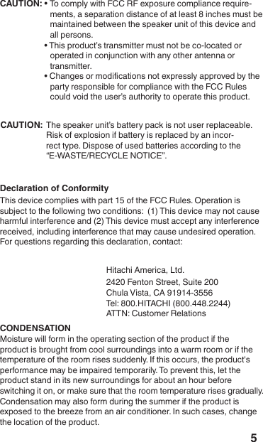 5-CAUTION: Declaration of Conformity         91914-3556    CONDENSATIONCAUTION:  -
