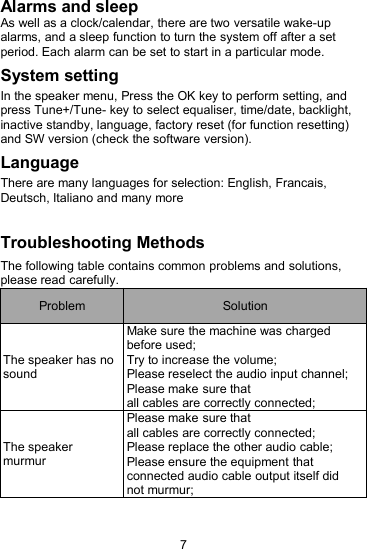 7Alarms and sleepAs well as a clock/calendar, there are two versatile wake-upalarms, and a sleep function to turn the system off after a setperiod. Each alarm can be set to start in a particular mode.System settingIn the speaker menu, Press the OK key to perform setting, andpress Tune+/Tune- key to select equaliser, time/date, backlight,inactive standby, language, factory reset (for function resetting)and SW version (check the software version).LanguageThere are many languages for selection: English, Francais,Deutsch, Italiano and many moreTroubleshooting MethodsThe following table contains common problems and solutions,please read carefully.ProblemSolutionThe speaker has nosoundMake sure the machine was chargedbefore used;Try to increase the volume;Please reselect the audio input channel;Please make sure thatall cables are correctly connected;The speakermurmurPlease make sure thatall cables are correctly connected;Please replace the other audio cable;Please ensure the equipment thatconnected audio cable output itself didnot murmur;