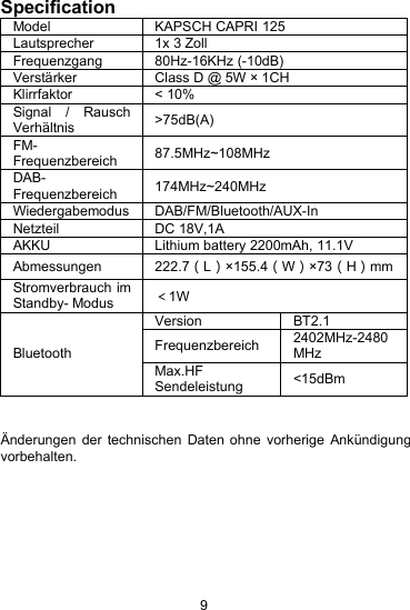 9SpecificationModelKAPSCH CAPRI 125Lautsprecher1x 3 ZollFrequenzgang80Hz-16KHz (-10dB)Verst&auml;rkerClass D @ 5W &times; 1CHKlirrfaktor< 10%Signal / RauschVerh&auml;ltnis>75dB(A)FM-Frequenzbereich87.5MHz~108MHzDAB-Frequenzbereich174MHz~240MHzWiedergabemodusDAB/FM/Bluetooth/AUX-InNetzteilDC 18V,1AAKKULithium battery 2200mAh, 11.1VAbmessungen222.7（L）&times;155.4（W）&times;73（H）mmStromverbrauch imStandby- Modus＜1WBluetoothVersionBT2.1Frequenzbereich2402MHz-2480MHzMax.HFSendeleistung<15dBm&Auml;nderungen der technischen Daten ohne vorherige Ank&uuml;ndigungvorbehalten.