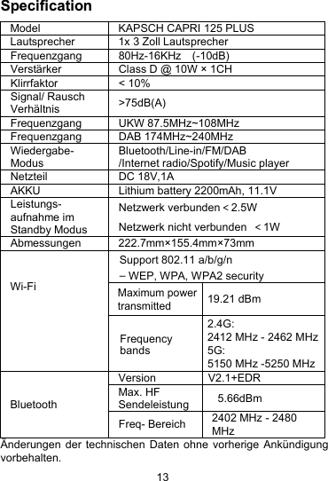 13SpecificationModel KAPSCH CAPRI 125 PLUSLautsprecher 1x 3 Zoll LautsprecherFrequenzgang 80Hz-16KHz (-10dB)Verst&auml;rker Class D@10W &times; 1CHKlirrfaktor < 10%Signal/ RauschVerh&auml;ltnis >75dB(A)FrequenzgangUKW 87.5MHz~108MHzFrequenzgangDAB 174MHz~240MHzWiedergabe-ModusBluetooth/Line-in/FM/DAB/Internet radio/Spotify/Music playerNetzteil DC 18V,1AAKKU Lithium battery2200mAh, 11.1VLeistungs-aufnahme imStandby ModusNetzwerk verbunden＜2.5WNetzwerk nicht verbunden ＜1WAbmessungen 222.7mm&times;155.4mm&times;73mmWi-FiBluetoothVersion V2.1+EDRMax. HFSendeleistung5.66dBmFreq- Bereich 2402 MHz - 2480MHz&Auml;nderungen der technischen Daten ohne vorherige Ank&uuml;ndigungvorbehalten.Support 802.11 a/b/g/n&ndash;WEP, WPA, WPA2 securityMaximum power transmitted19.21 dBmFrequencybands2.4G:2412 MHz - 2462 MHz 5G:5150 MHz -5250 MHz