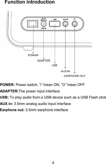 4Function introductionPOWER: Power switch, &rdquo;l &rdquo;mean ON, &rdquo;O &rdquo;mean OFFADAPTER:The power input interfaceUSB: To play audio from a USB device such as a USB Flash stickAUX in: 3.5mm analog audio input interfaceEarphone out: 3.5mm earphone interface