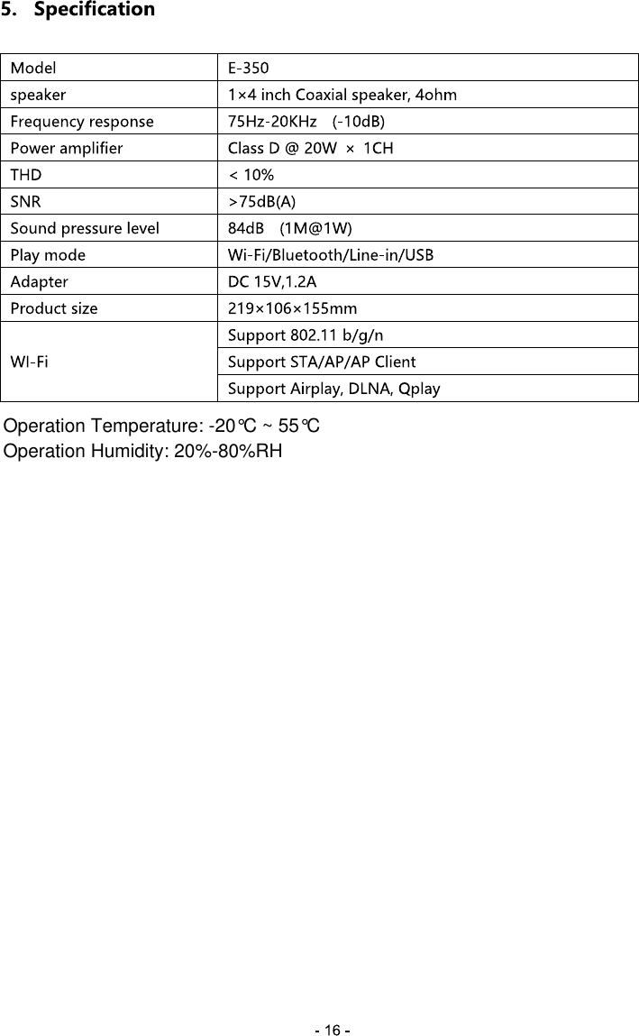 Operation Temperature: -20&deg;C ~ 55&deg;COperation Humidity: 20%-80%RH