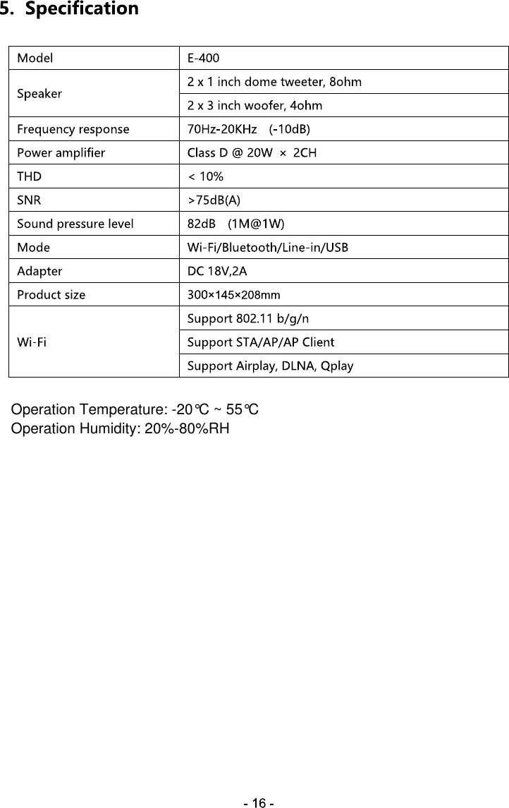 Operation Temperature: -20&deg;C ~ 55&deg;COperation Humidity: 20%-80%RH