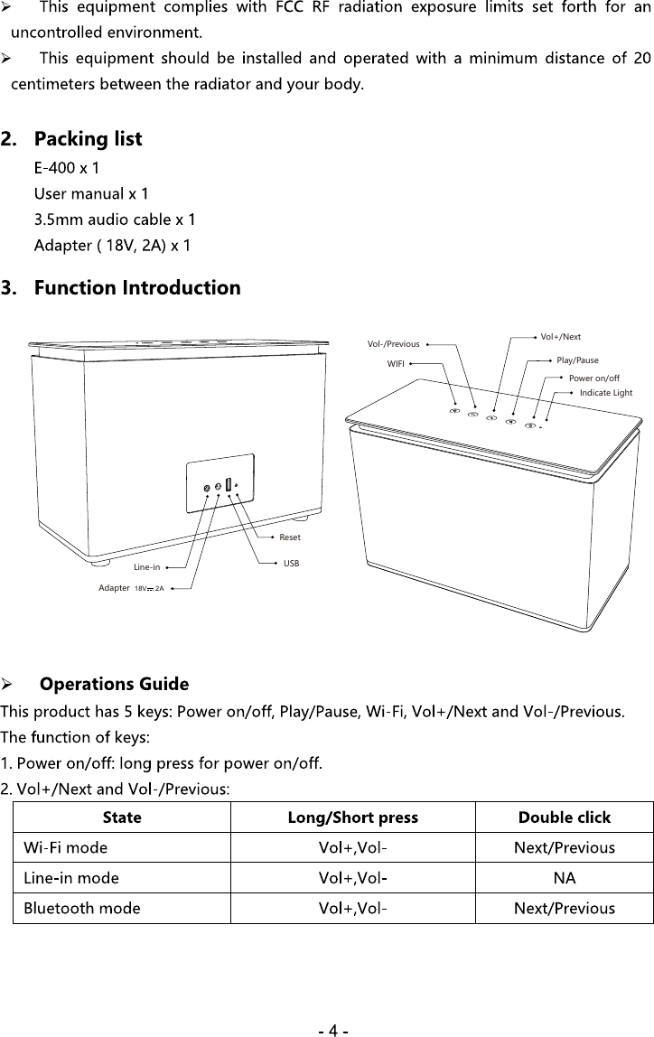 Vol+/NextVol-/PreviousPower on/offWIFI Play/PauseLine-inAdapterResetUSBIndicate Light18V      2A