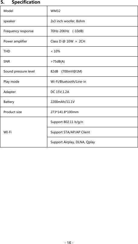   - 16 - 5. Specification  Model WM32 speaker 2x3 inch woofer, 8ohm Frequency response 70Hz-20KHz    (-10dB) Power amplifier Class D @ 10W  &times;  2CH THD < 10%     SNR >75dB(A) Sound pressure level 82dB    (700mV@1M)  Play mode Wi-Fi/Bluetooth/Line-in Adapter DC 15V,1.2A Battery 2200mAh/11.1V Product size 273*141.8*100mm WI-Fi Support 802.11 b/g/n Support STA/AP/AP Client Support Airplay, DLNA, Qplay  