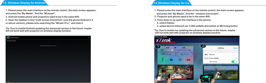 13. Wireless Display for Android 14.Wireless Display for ios1. Please press the main interface on the remote control, the main screen appears, and press the &ldquo;My Media&rdquo;, find the &ldquo;Miracast&rdquo;.2. Android mobile phone and projectors need to be in the same Wifi.3. Open the taskbar to find &ldquo;multi screen interactive&rdquo;,(use the phone Android 4.4  or above version), please auto searching the &ldquo;MCast-f7cc&rdquo;, and click it.1. Please press the main interface on the remote control, the main screen appears, and press the&rdquo; My Media&rdquo;, find the &ldquo; wireless one screen&rdquo;;2.Projector and iphone need to be in the same Wifi;3. From down to up open the interface in the iphone.a. select Aliplay;b. select device link(such as: ILINK-a38e6) and switch on Mirroring button.Tip: Due to mobile Android updating the advanced version in the future, maybe will not work well with projector on wireless display function.  Tip: Due to mobile ios updating the advanced version in the future, maybe will not work well with projector on wireless display function. 