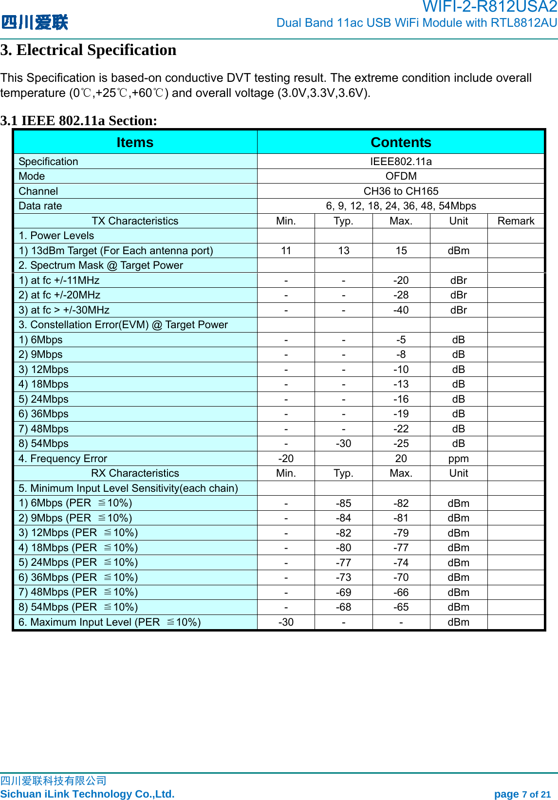                                                                                         WIFI-2-R812USA2                           Dual Band 11ac USB WiFi Module with RTL8812AU                                                                                                                                                                                                                                                             四川爱联科技有限公司 Sichuan iLink Technology Co.,Ltd.                                                            page 7 of 21 3. Electrical Specification This Specification is based-on conductive DVT testing result. The extreme condition include overall temperature (0℃,+25℃,+60℃) and overall voltage (3.0V,3.3V,3.6V). 3.1 IEEE 802.11a Section: Items   Contents  Specification   IEEE802.11a Mode   OFDM Channel    CH36 to CH165 Data rate    6, 9, 12, 18, 24, 36, 48, 54Mbps TX Characteristics  Min.  Typ.  Max.  Unit  Remark1. Power Levels        1) 13dBm Target (For Each antenna port)    11  13  15  dBm   2. Spectrum Mask @ Target Power       1) at fc +/-11MHz  -  -  -20  dBr   2) at fc +/-20MHz  -  -  -28  dBr   3) at fc &gt; +/-30MHz  -  -  -40  dBr   3. Constellation Error(EVM) @ Target Power           1) 6Mbps   -  - -5 dB  2) 9Mbps   -  - -8 dB  3) 12Mbps    -  -  -10  dB   4) 18Mbps    -  -  -13  dB   5) 24Mbps    -  -  -16  dB   6) 36Mbps    -  -  -19  dB   7) 48Mbps    -  -  -22  dB   8) 54Mbps    -  -30  -25  dB   4. Frequency Error    -20    20  ppm   RX Characteristics  Min.  Typ.  Max.  Unit   5. Minimum Input Level Sensitivity(each chain)       1) 6Mbps (PER  ≦10%)   - -85 -82 dBm  2) 9Mbps (PER  ≦10%)   - -84 -81 dBm  3) 12Mbps (PER  ≦10%)   - -82 -79 dBm  4) 18Mbps (PER  ≦10%)   - -80 -77 dBm  5) 24Mbps (PER  ≦10%)   - -77 -74 dBm  6) 36Mbps (PER  ≦10%)   - -73 -70 dBm  7) 48Mbps (PER  ≦10%)   - -69 -66 dBm  8) 54Mbps (PER  ≦10%)   - -68 -65 dBm  6. Maximum Input Level (PER  ≦10%)  -30 -  - dBm  