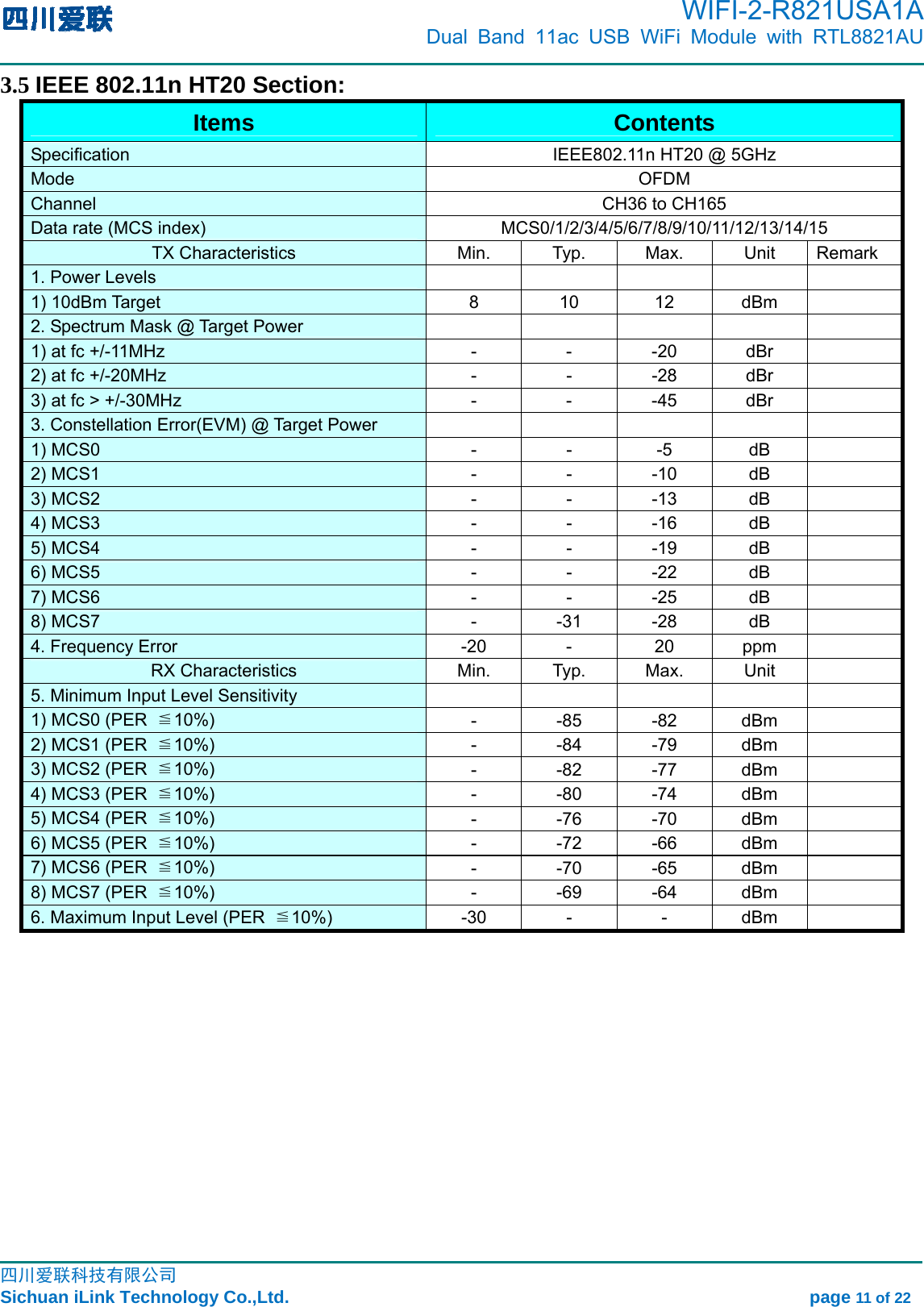      WIFI-2-R821USA1A                            Dual Band 11ac USB WiFi Module with RTL8821AU                                                                                                                                                                                                                                                            四川爱联科技有限公司 Sichuan iLink Technology Co.,Ltd.                                                            page 11 of 22 3.5 IEEE 802.11n HT20 Section: Items   Contents  Specification   IEEE802.11n HT20 @ 5GHz   Mode   OFDM  Channel    CH36 to CH165   Data rate (MCS index)    MCS0/1/2/3/4/5/6/7/8/9/10/11/12/13/14/15  TX Characteristics   Min.   Typ.   Max.   Unit   Remark 1. Power Levels        1) 10dBm Target    8  10  12  dBm     2. Spectrum Mask @ Target Power       1) at fc +/-11MHz    -  -  -20  dBr     2) at fc +/-20MHz    -  -  -28  dBr     3) at fc &gt; +/-30MHz    -  -  -45  dBr     3. Constellation Error(EVM) @ Target Power           1) MCS0   -  -  -5  dB    2) MCS1   -  -  -10  dB    3) MCS2   -  -  -13  dB    4) MCS3   -  -  -16  dB    5) MCS4   -  -  -19  dB    6) MCS5   -  -  -22  dB    7) MCS6   -  -  -25  dB    8) MCS7   -  -31  -28  dB    4. Frequency Error    -20  -  20  ppm     RX Characteristics   Min.   Typ.   Max.   Unit    5. Minimum Input Level Sensitivity             1) MCS0 (PER  ≦10%)   - -85 -82 dBm   2) MCS1 (PER  ≦10%)   - -84 -79 dBm   3) MCS2 (PER  ≦10%)   - -82 -77 dBm   4) MCS3 (PER  ≦10%)   - -80 -74 dBm   5) MCS4 (PER  ≦10%)   - -76 -70 dBm   6) MCS5 (PER  ≦10%)   - -72 -66 dBm   7) MCS6 (PER  ≦10%)   - -70 -65 dBm   8) MCS7 (PER  ≦10%)  - -69 -64 dBm   6. Maximum Input Level (PER  ≦10%)   -30 -  - dBm            