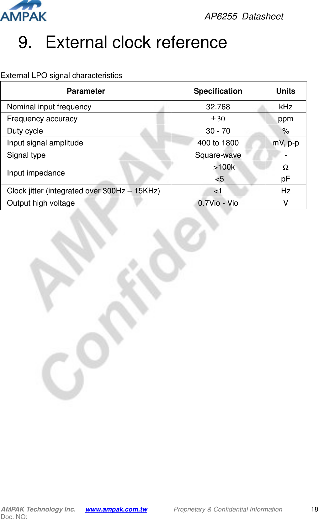 AP6255  Datasheet AMPAK Technology Inc.      www.ampak.com.tw        Proprietary &amp; Confidential Information       Doc. NO:   189.   External clock reference  External LPO signal characteristics Parameter  Specification  Units Nominal input frequency  32.768  kHz Frequency accuracy  30± ppm Duty cycle  30 - 70  % Input signal amplitude  400 to 1800 mV, p-p Signal type  Square-wave  - Input impedance        &gt;100k &lt;5   Ω pF Clock jitter (integrated over 300Hz – 15KHz)  &lt;1  Hz Output high voltage  0.7Vio - Vio  V                        