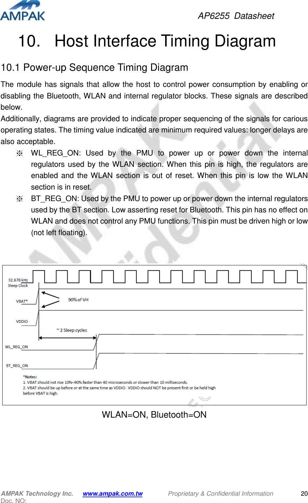 AP6255  Datasheet AMPAK Technology Inc.      www.ampak.com.tw        Proprietary &amp; Confidential Information       Doc. NO:   2010.   Host Interface Timing Diagram 10.1 Power-up Sequence Timing Diagram The  module  has  signals that  allow the host  to  control power consumption  by  enabling  or disabling the Bluetooth, WLAN and internal regulator blocks. These signals are described below. Additionally, diagrams are provided to indicate proper sequencing of the signals for carious operating states. The timing value indicated are minimum required values: longer delays are also acceptable. ※  WL_REG_ON:  Used  by  the  PMU  to  power  up  or  power  down  the  internal regulators  used  by  the  WLAN  section.  When  this  pin  is  high,  the  regulators  are enabled  and  the WLAN  section  is  out  of  reset.  When  this  pin  is  low  the  WLAN section is in reset.   ※  BT_REG_ON: Used by the PMU to power up or power down the internal regulators used by the BT section. Low asserting reset for Bluetooth. This pin has no effect on WLAN and does not control any PMU functions. This pin must be driven high or low (not left floating).   WLAN=ON, Bluetooth=ON 