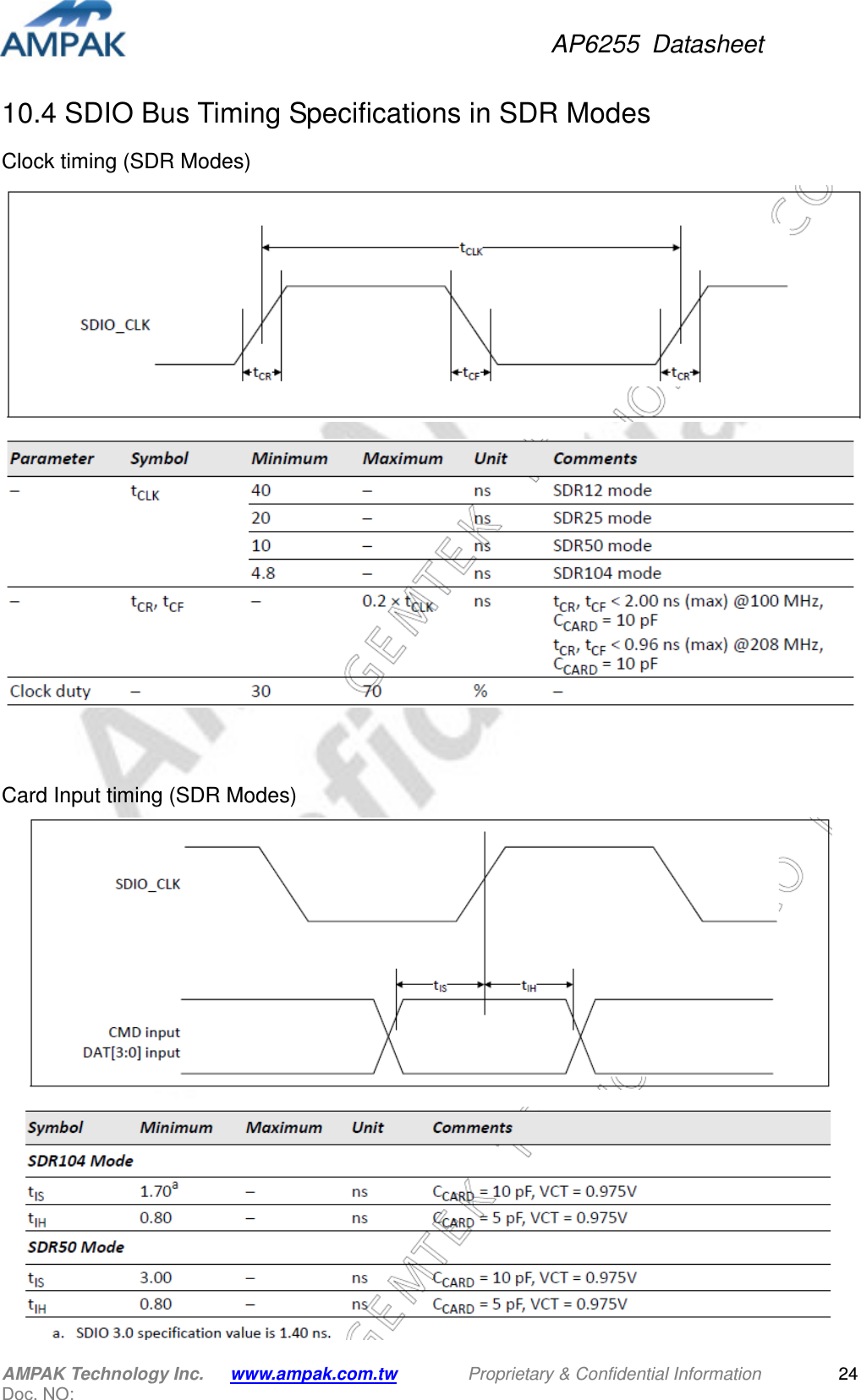 AP6255  Datasheet AMPAK Technology Inc.      www.ampak.com.tw        Proprietary &amp; Confidential Information       Doc. NO:   2410.4 SDIO Bus Timing Specifications in SDR Modes   Clock timing (SDR Modes)   Card Input timing (SDR Modes)   