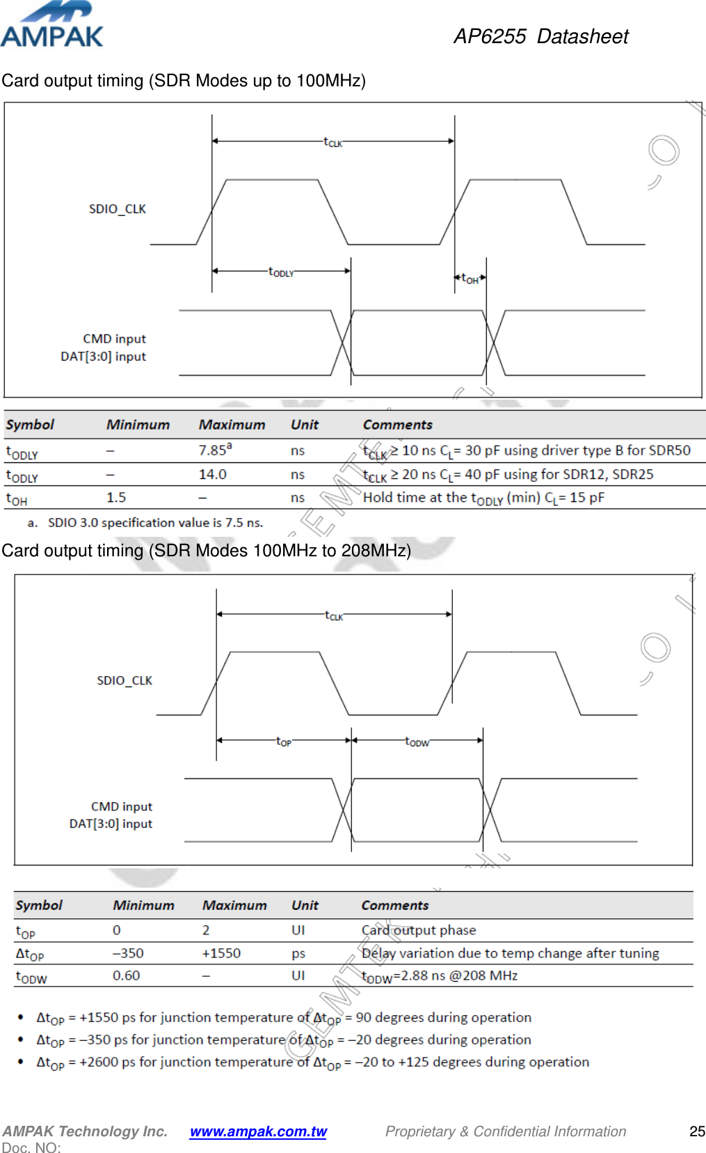 AP6255  Datasheet AMPAK Technology Inc.      www.ampak.com.tw        Proprietary &amp; Confidential Information       Doc. NO:   25Card output timing (SDR Modes up to 100MHz)   Card output timing (SDR Modes 100MHz to 208MHz)   