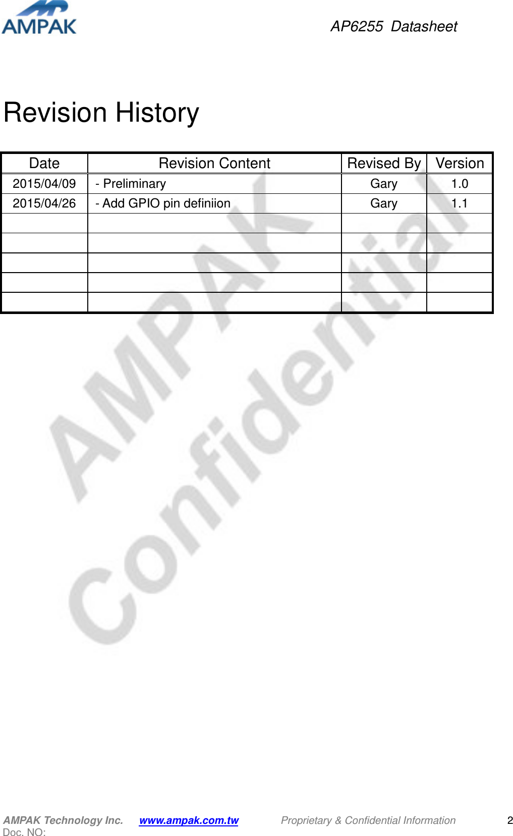AP6255  Datasheet AMPAK Technology Inc.      www.ampak.com.tw        Proprietary &amp; Confidential Information       Doc. NO:   2  Revision History                             Date  Revision Content  Revised By Version 2015/04/09   - Preliminary  Gary  1.0 2015/04/26   - Add GPIO pin definiion  Gary  1.1                                    