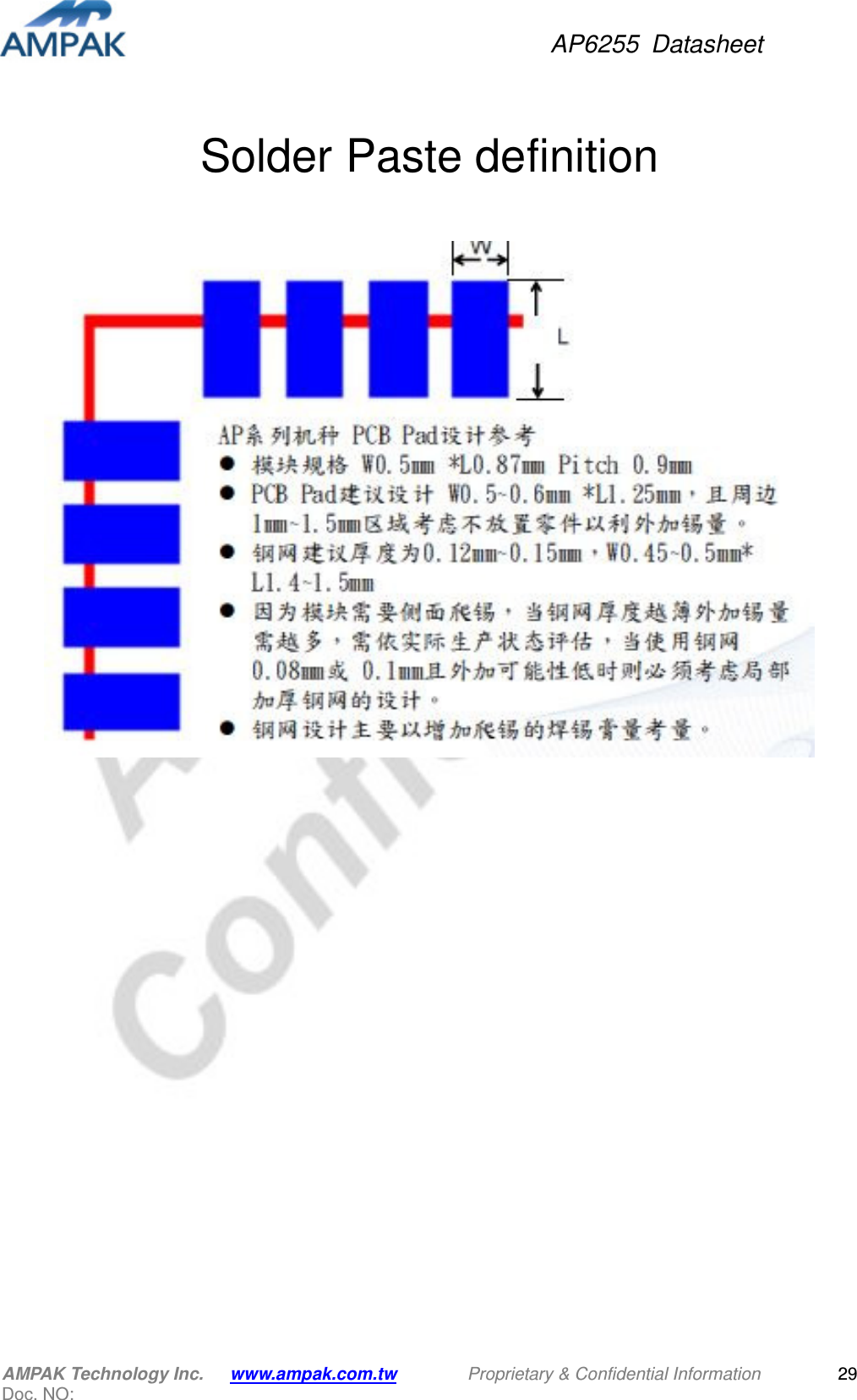 AP6255  Datasheet AMPAK Technology Inc.      www.ampak.com.tw        Proprietary &amp; Confidential Information       Doc. NO:   29 Solder Paste definition         