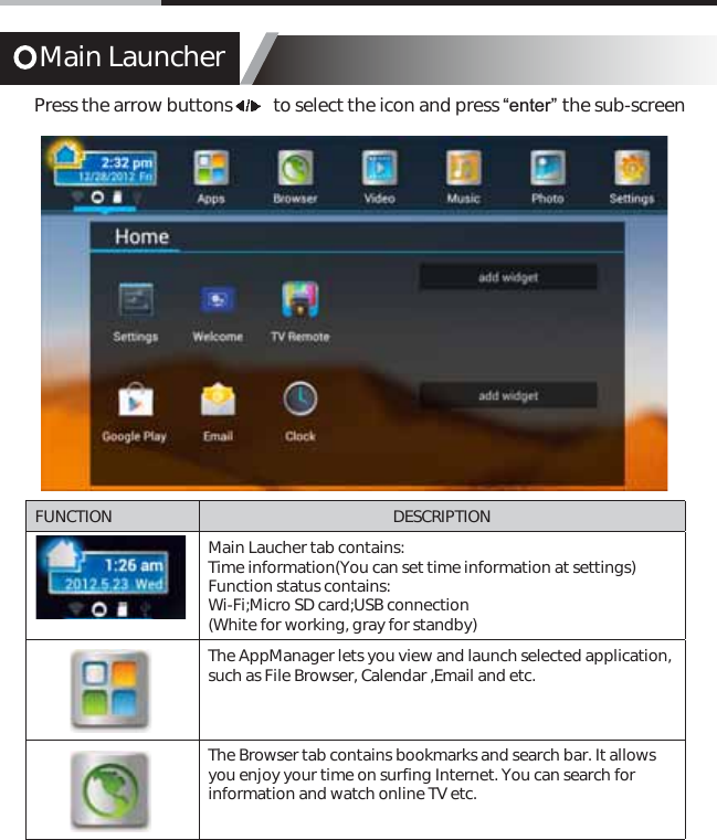 Main LauncherPress the arrow buttons          to select the icon and press &ldquo;enter&rdquo; the sub-screenFUNCTION DESCRIPTIONMain Laucher tab contains:Time information(You can set time information at settings)Function status contains:Wi-Fi;Micro SD card;USB connection(White for working, gray for standby)          The AppManager lets you view and launch selected application, such as File Browser, Calendar ,Email and etc.The Browser tab contains bookmarks and search bar. It allows you enjoy your time on surfing Internet. You can search for information and watch online TV etc.