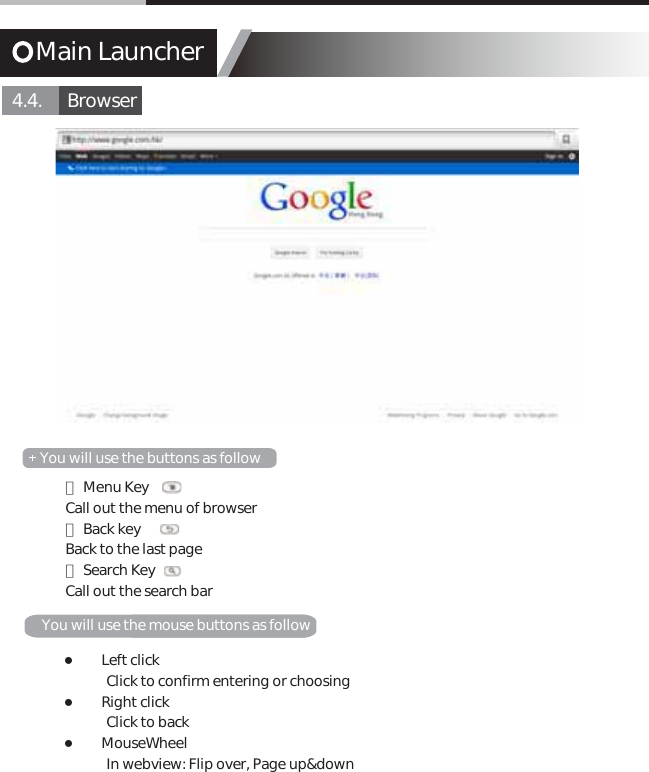 Main Launcher4.4.      Browser● Menu KeyCall out the menu of browser● Back keyBack to the last page● Search KeyCall out the search barYou will use the buttons as followYou will use the mouse buttons as follow  ͓Left click             Click to confirm entering or choosing ͓Right click             Click to back  ͓MouseWheel             In webview: Flip over, Page up&amp;down
