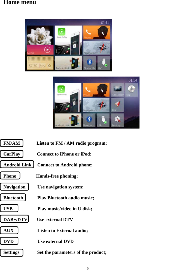  5Home menu       FM/AM              Listen to FM / AM radio program;  CarPlay              Connect to iPhone or iPod; Android Link     Connect to Android phone;  Phone                 Hands-free phoning;  Navigation          Use navigation system;  Bluetooth            Play Bluetooth audio music;  USB                     Play music/video in U disk;  DAB+/DTV        Use external DTV AUX                    Listen to External audio;  DVD                    Use external DVD Settings               Set the parameters of the product; 