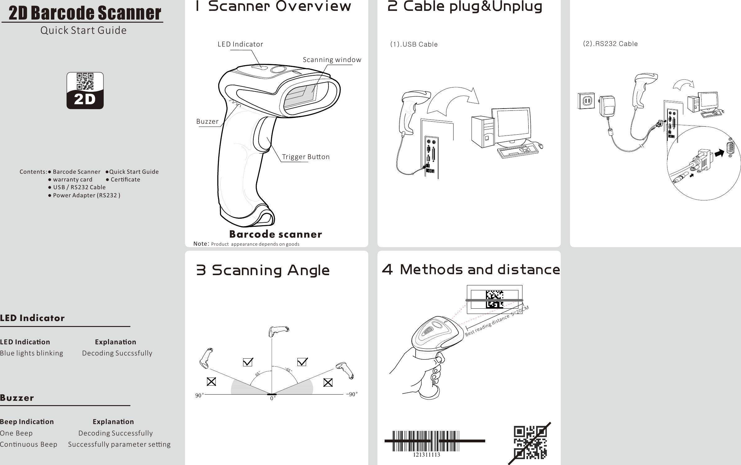 LED IndicatorLED Indicaon                        ExplanaonBlue lights blinking          Decoding SuccssfullyBuzzer Beep Indicaon                     ExplanaonOne Beep                       Decoding SuccessfullyConnuous Beep     Successfully parameter sengBuzzerLED IndicatorScanning windowTrigger Buon(1).USB Cable (2).RS232 CableBest reading distance  5~20CMContents:● Barcode Scanner  ●Quick Start Guide                  ● warranty card     ● Cerﬁcate                  ● USB / RS232 Cable                  ● Power Adapter (RS232 )1213111132D Barcode ScannerQuick Start Guide2D1 Scanner OverviewBarcode scannerNote: Product  appearance depends on goods2 Cable plug&amp;Unplug3 Scanning Angle Methods and distance4