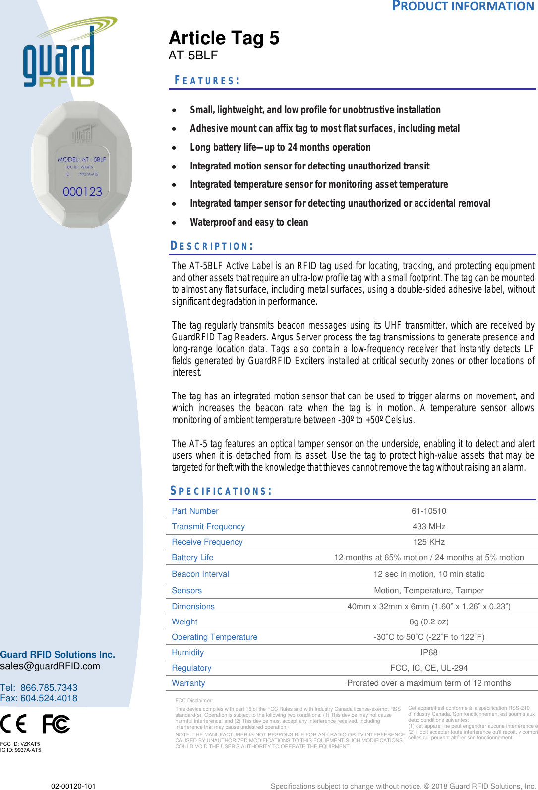 Page 1 of Guard RFID Solutions AT5 Wireless button for refill of manufacturing parts User Manual Tag Exciter          Location Appliance