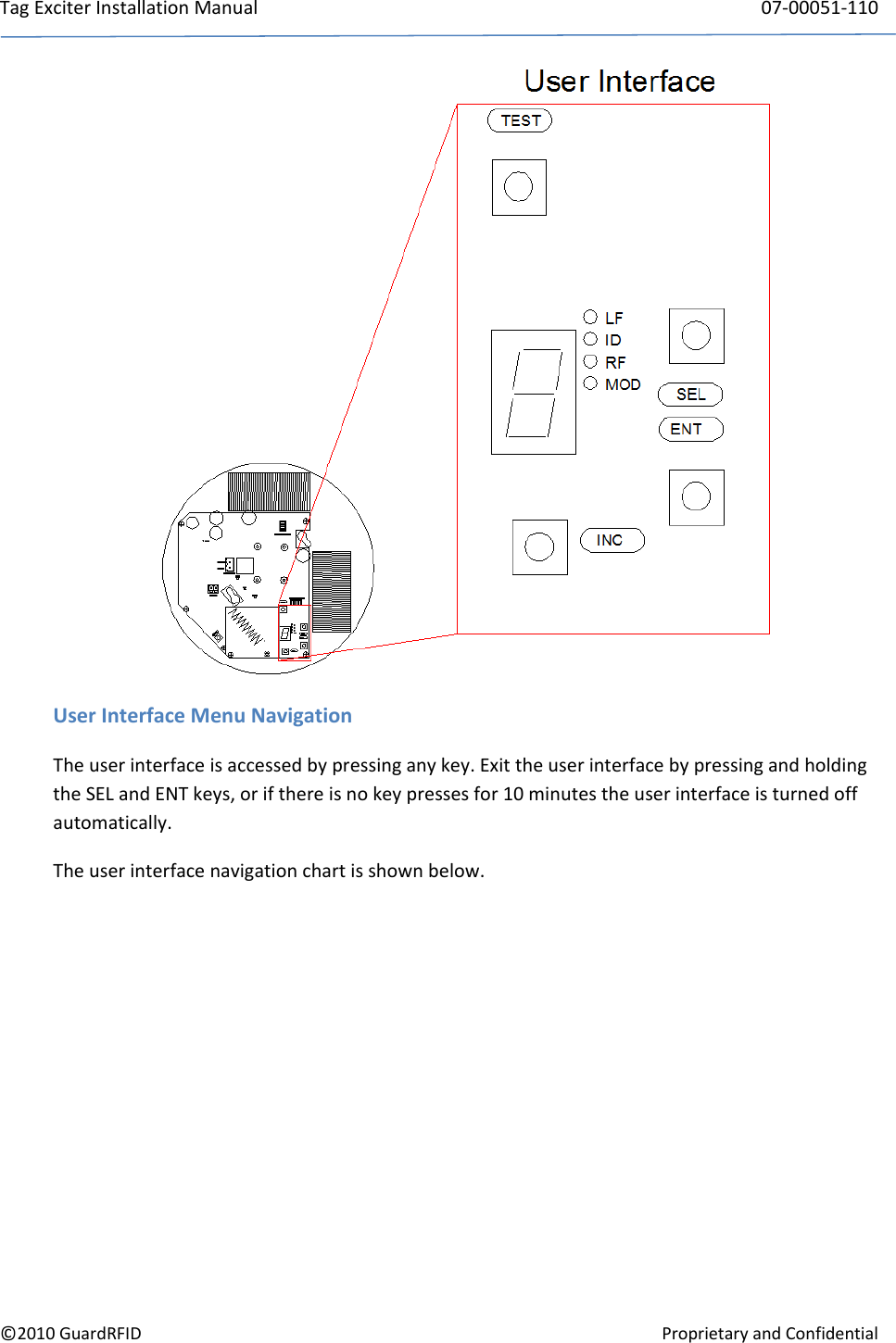 TagExciterInstallationManual 07‐00051‐110©2010GuardRFIDProprietaryandConfidentialUserInterfaceMenuNavigationTheuserinterfaceisaccessedbypressinganykey.ExittheuserinterfacebypressingandholdingtheSELandENTkeys,orifthereisnokeypressesfor10minutestheuserinterfaceisturnedoffautomatically.Theuserinterfacenavigationchartisshownbelow.