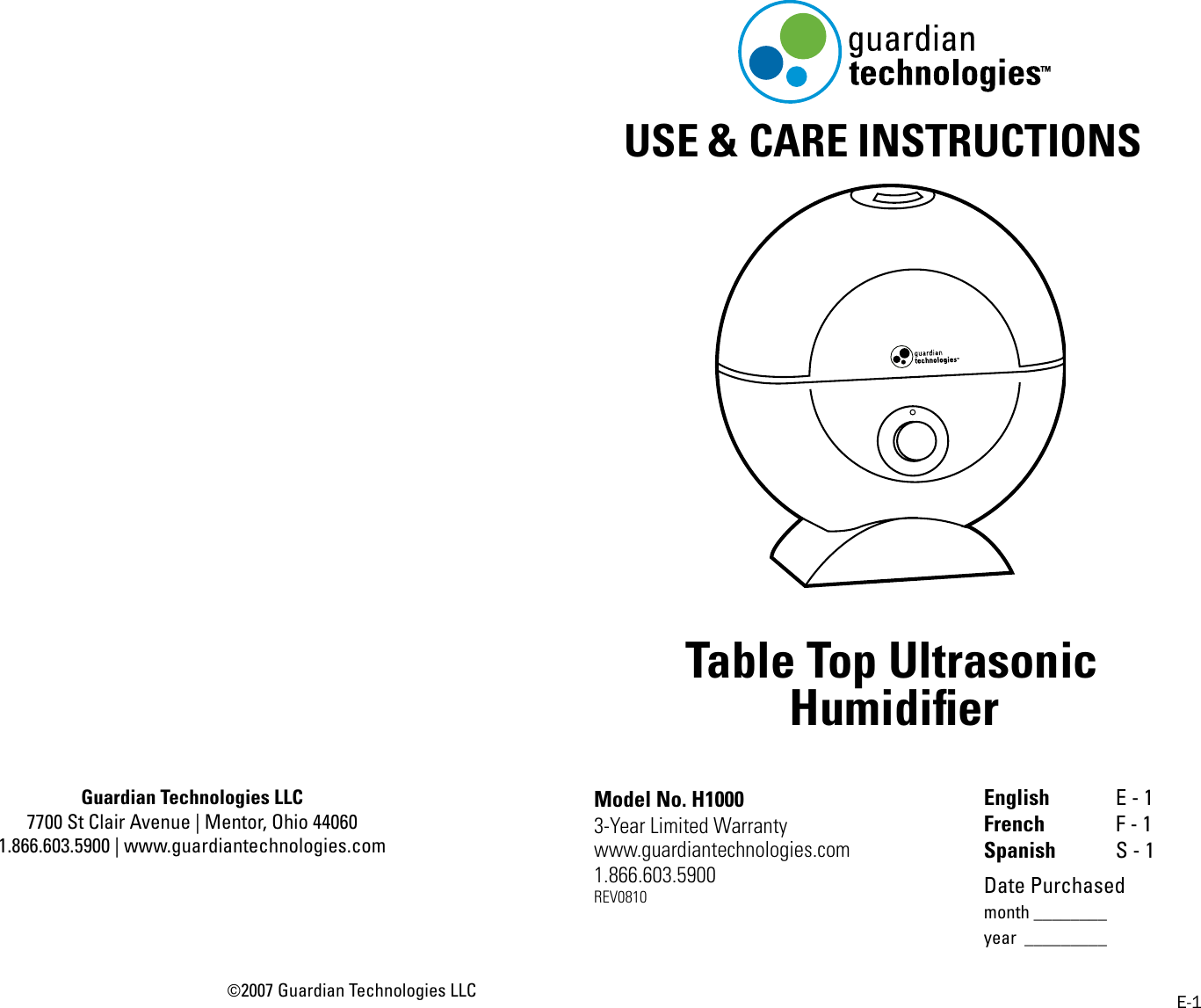 Page 1 of 5 - Guardian-Technologies Guardian-Technologies-Pureguardian-H1000-Users-Manual-  Guardian-technologies-pureguardian-h1000-users-manual
