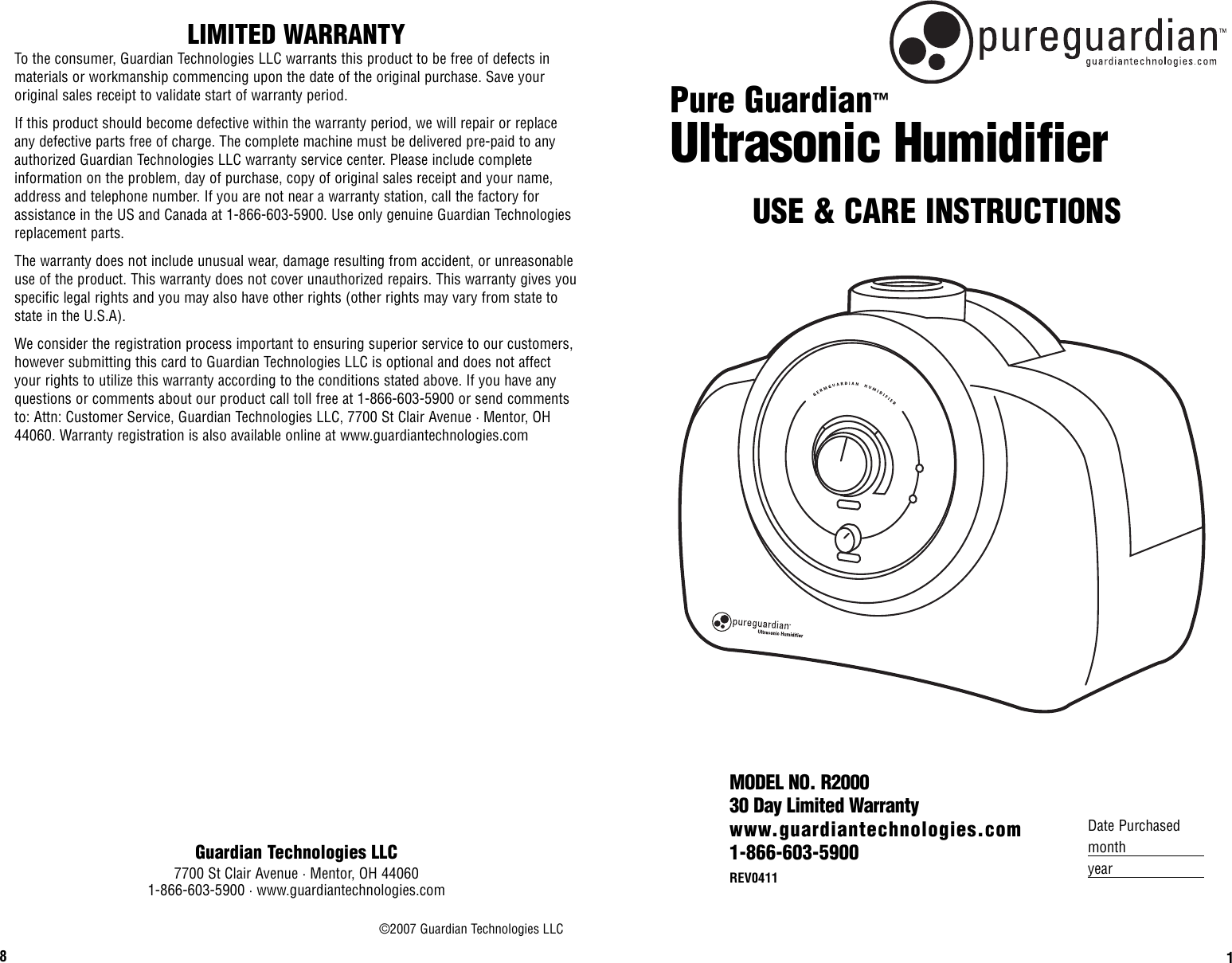 Page 1 of 4 - Guardian-Technologies Guardian-Technologies-R2000-Users-Manual- Ultrasonic Humidifier Manual 2L  Guardian-technologies-r2000-users-manual