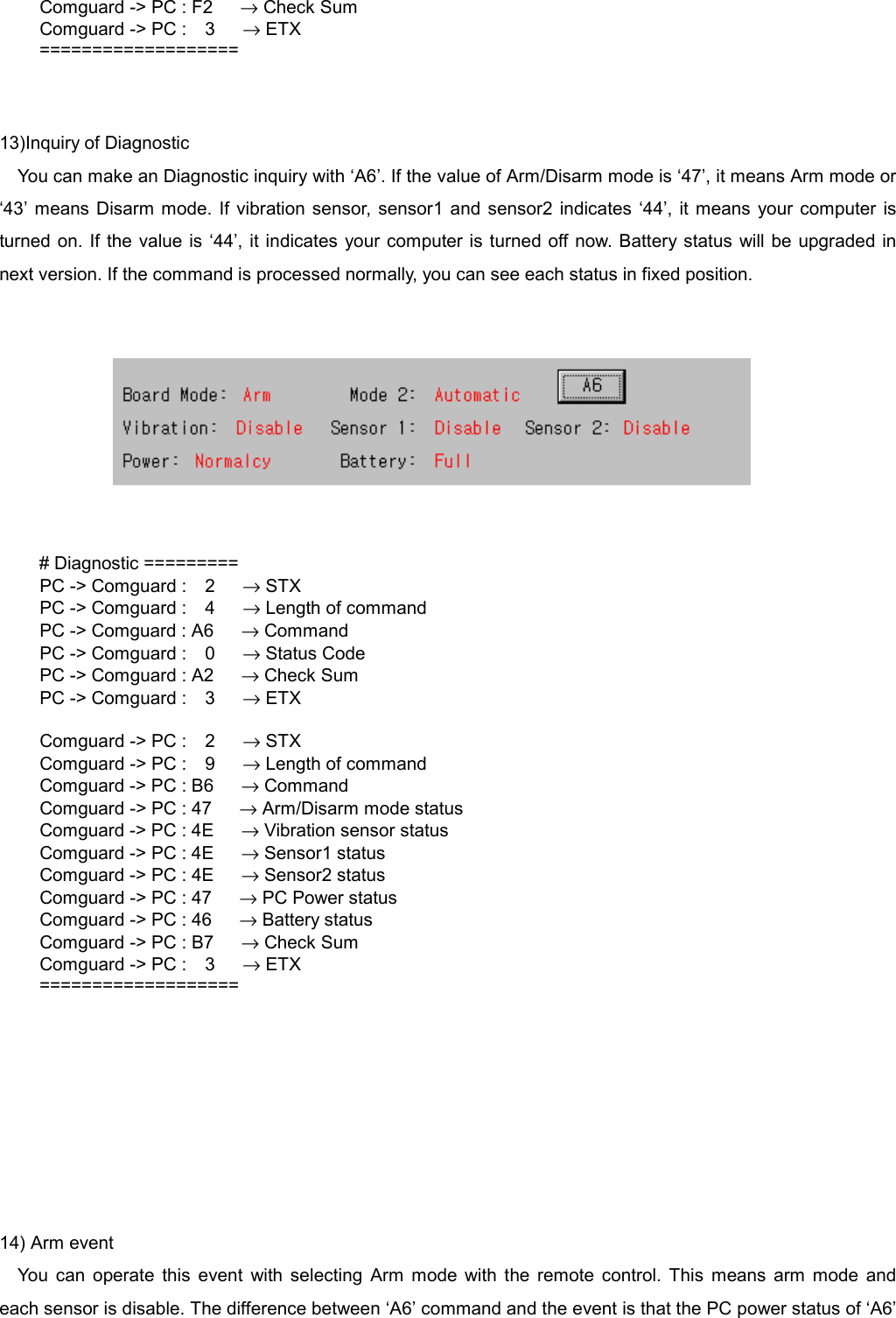       Comguard -> PC : F2      &rarr; Check Sum   Comguard -> PC :  3   &rarr; ETX ===================   13)Inquiry of Diagnostic You can make an Diagnostic inquiry with &lsquo;A6&rsquo;. If the value of Arm/Disarm mode is &lsquo;47&rsquo;, it means Arm mode or &lsquo;43&rsquo; means Disarm mode. If vibration sensor, sensor1 and sensor2 indicates &lsquo;44&rsquo;, it means your computer is turned on. If the value is &lsquo;44&rsquo;, it indicates your computer is turned off now. Battery status will be upgraded in next version. If the command is processed normally, you can see each status in fixed position.      # Diagnostic =========   PC -> Comguard :  2   &rarr; STX   PC -> Comguard :  4   &rarr; Length of command     PC -> Comguard : A6      &rarr; Command   PC -> Comguard :  0   &rarr; Status Code     PC -> Comguard : A2      &rarr; Check Sum   PC -> Comguard :  3   &rarr; ETX    Comguard -> PC :  2   &rarr; STX   Comguard -> PC :  9   &rarr; Length of command     Comguard -> PC : B6      &rarr; Command     Comguard -> PC : 47      &rarr; Arm/Disarm mode status     Comguard -> PC : 4E      &rarr; Vibration sensor status     Comguard -> PC : 4E      &rarr; Sensor1 status     Comguard -> PC : 4E      &rarr; Sensor2 status     Comguard -> PC : 47      &rarr; PC Power status     Comguard -> PC : 46      &rarr; Battery status     Comguard -> PC : B7      &rarr; Check Sum   Comguard -> PC :  3   &rarr; ETX ===================        14) Arm event You can operate this event with selecting Arm mode with the remote control. This means arm mode and each sensor is disable. The difference between &lsquo;A6&rsquo; command and the event is that the PC power status of &lsquo;A6&rsquo; 