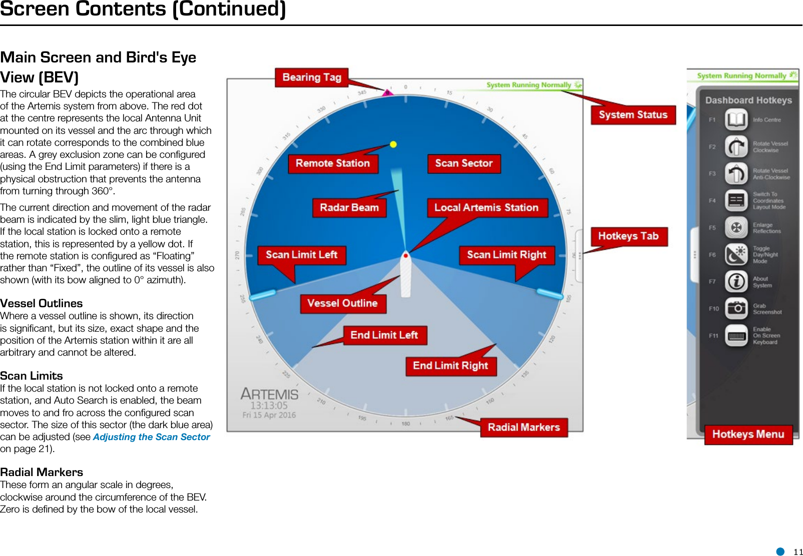 l 11Main Screen and Bird&apos;s Eye View (BEV)The circular BEV depicts the operational area of the Artemis system from above. The red dot at the centre represents the local Antenna Unit mounted on its vessel and the arc through which it can rotate corresponds to the combined blue areas. A grey exclusion zone can be conﬁgured (using the End Limit parameters) if there is a physical obstruction that prevents the antenna from turning through 360°. The current direction and movement of the radar beam is indicated by the slim, light blue triangle. If the local station is locked onto a remote station, this is represented by a yellow dot. If the remote station is conﬁgured as “Floating” rather than “Fixed”, the outline of its vessel is also shown (with its bow aligned to 0° azimuth). Vessel OutlinesWhere a vessel outline is shown, its direction is signiﬁcant, but its size, exact shape and the position of the Artemis station within it are all arbitrary and cannot be altered. Scan LimitsIf the local station is not locked onto a remote station, and Auto Search is enabled, the beam moves to and fro across the conﬁgured scan sector. The size of this sector (the dark blue area) can be adjusted (see Adjusting the Scan Sector on page 21).Radial MarkersThese form an angular scale in degrees, clockwise around the circumference of the BEV. Zero is deﬁned by the bow of the local vessel.Screen Contents (Continued)
