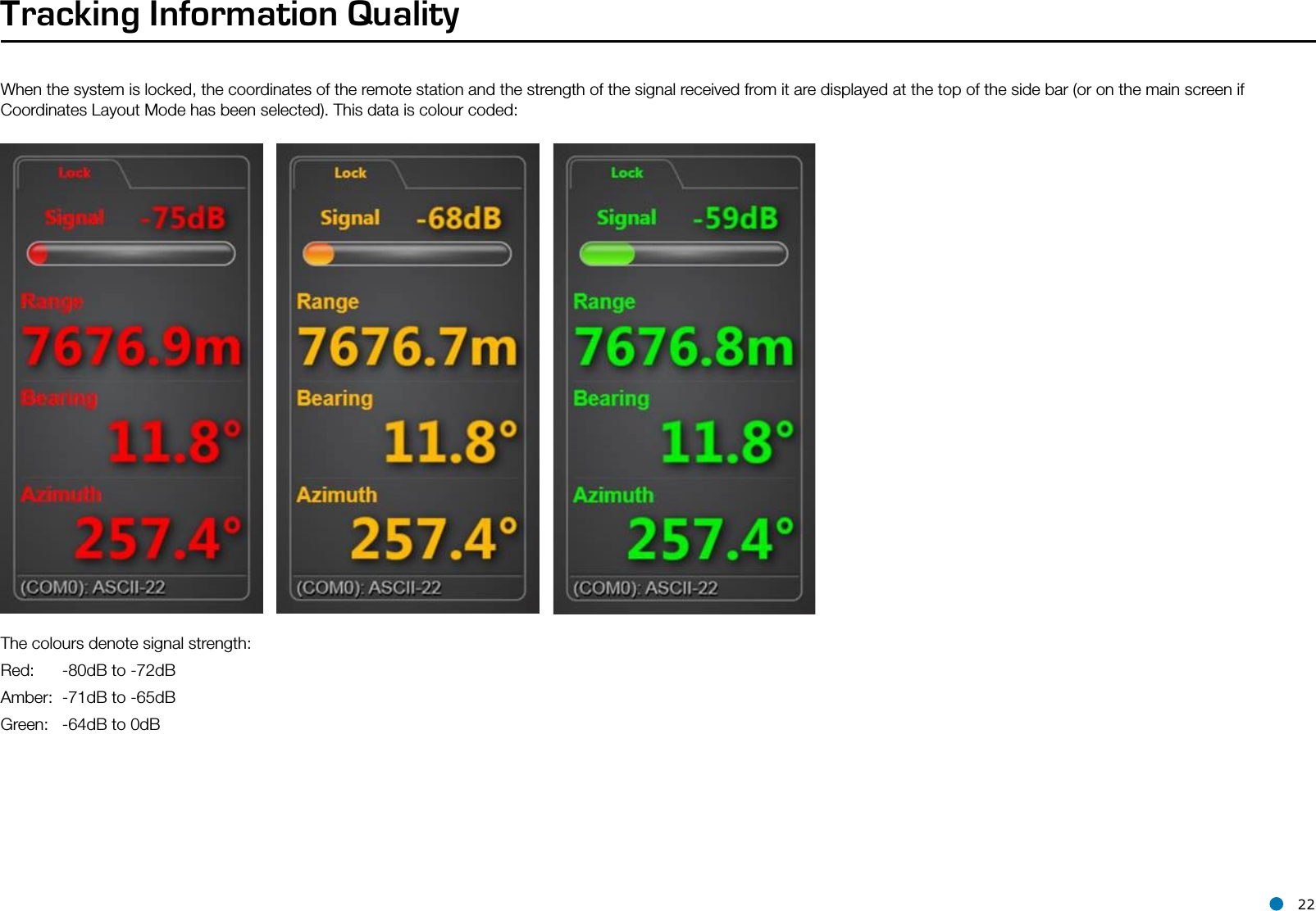 l 22Tracking Information QualityWhen the system is locked, the coordinates of the remote station and the strength of the signal received from it are displayed at the top of the side bar (or on the main screen if Coordinates Layout Mode has been selected). This data is colour coded:The colours denote signal strength:Red:  -80dB to -72dBAmber:  -71dB to -65dBGreen:  -64dB to 0dB