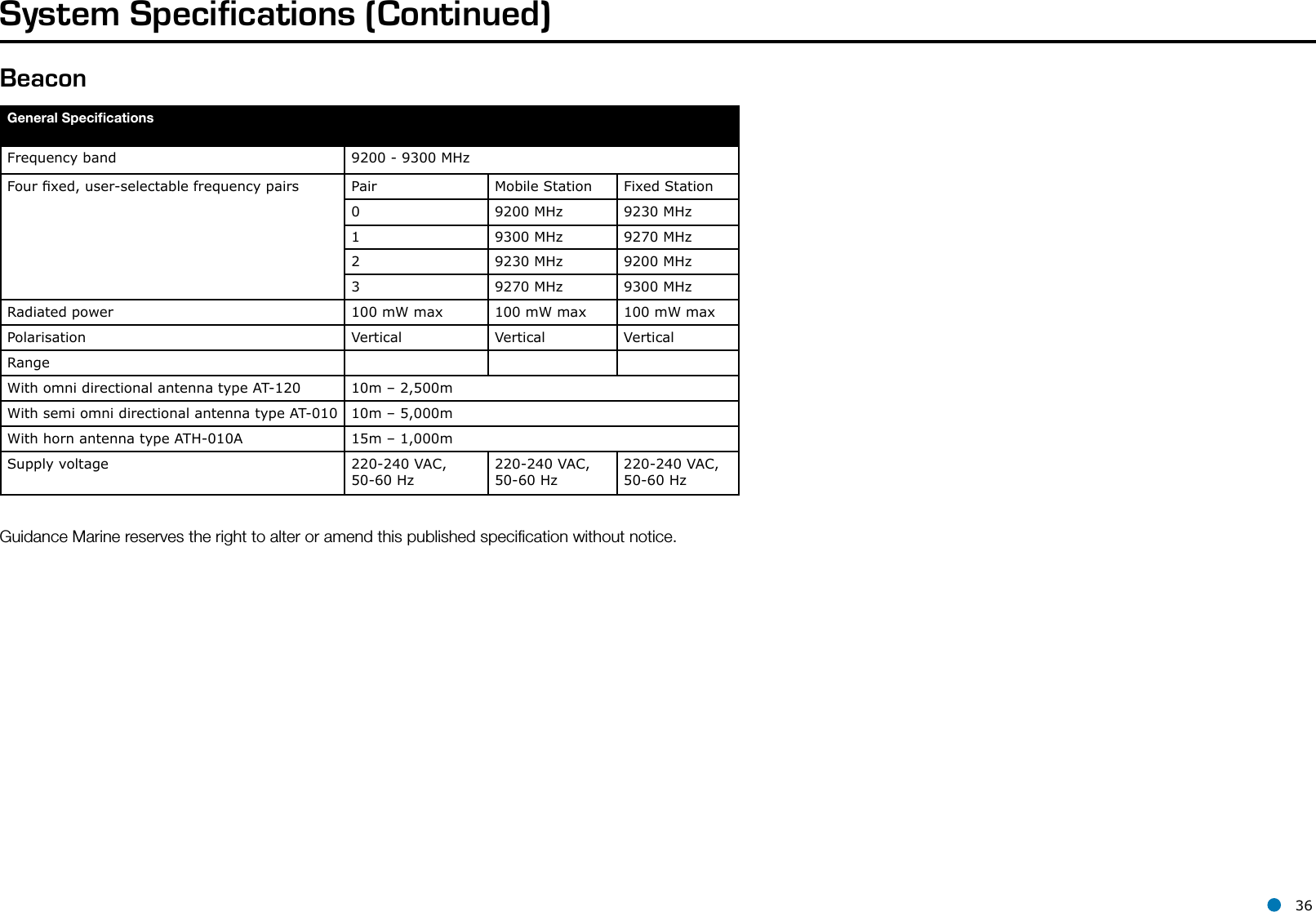 l 36System Specifications (Continued)General SpeciﬁcationsFrequency band 9200 - 9300 MHzFour xed, user-selectable frequency pairs Pair Mobile Station Fixed Station0 9200 MHz 9230 MHz1 9300 MHz 9270 MHz2 9230 MHz 9200 MHz3 9270 MHz 9300 MHzRadiated power 100 mW max 100 mW max 100 mW maxPolarisation Vertical Vertical VerticalRangeWith omni directional antenna type AT-120 10m – 2,500mWith semi omni directional antenna type AT-010 10m – 5,000mWith horn antenna type ATH-010A 15m – 1,000mSupply voltage 220-240 VAC, 50-60 Hz220-240 VAC, 50-60 Hz220-240 VAC, 50-60 HzBeaconGuidance Marine reserves the right to alter or amend this published speciﬁcation without notice.