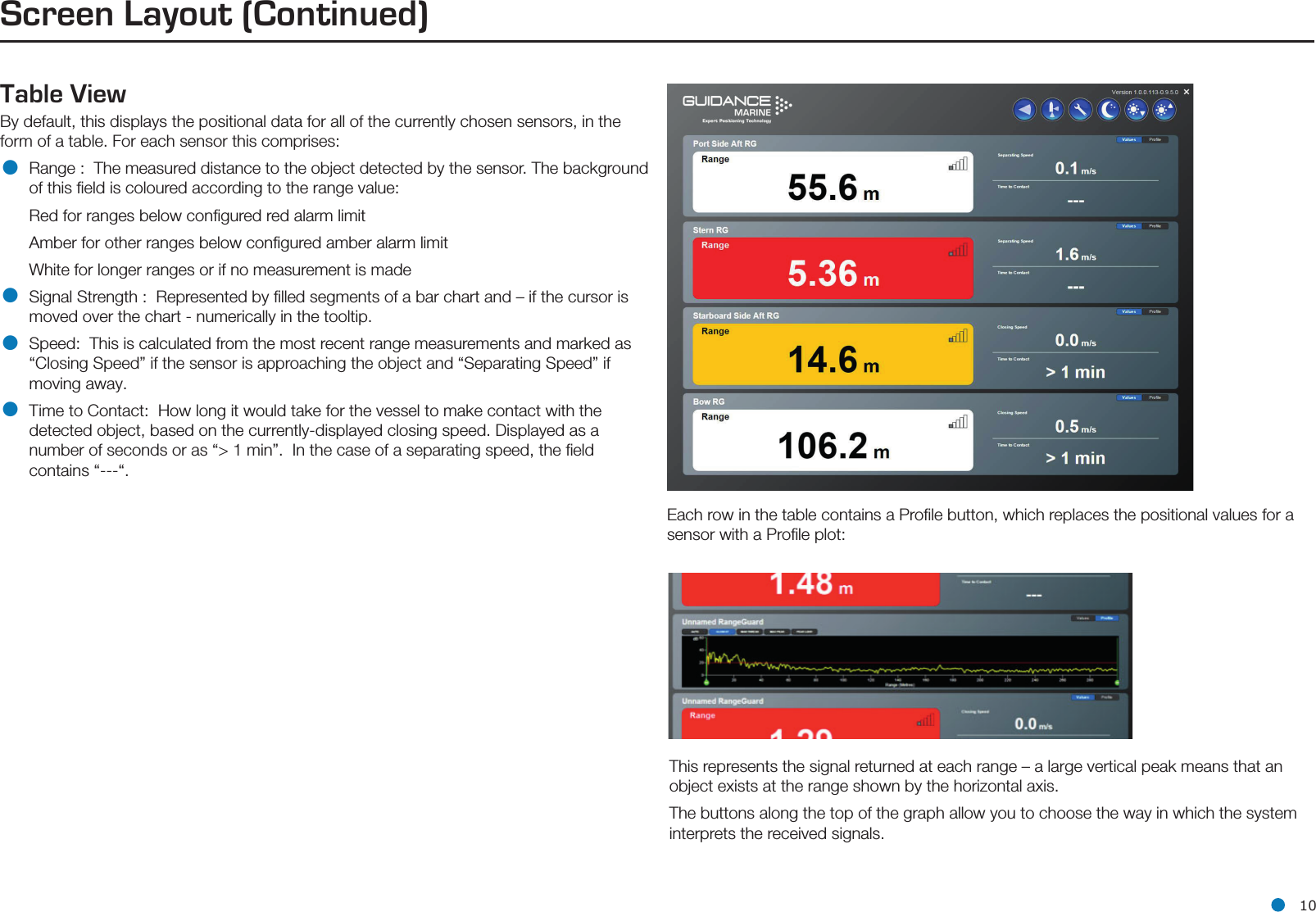 l 10Table View By default, this displays the positional data for all of the currently chosen sensors, in the form of a table. For each sensor this comprises:• Range :  The measured distance to the object detected by the sensor. The background of this ﬁeld is coloured according to the range value:Red for ranges below conﬁgured red alarm limit Amber for other ranges below conﬁgured amber alarm limitWhite for longer ranges or if no measurement is made  • Signal Strength :  Represented by ﬁlled segments of a bar chart and – if the cursor is moved over the chart - numerically in the tooltip. • Speed:  This is calculated from the most recent range measurements and marked as “Closing Speed” if the sensor is approaching the object and “Separating Speed” if moving away.• Time to Contact:  How long it would take for the vessel to make contact with the detected object, based on the currently-displayed closing speed. Displayed as a number of seconds or as “&gt; 1 min”.  In the case of a separating speed, the ﬁeld contains “---“.Each row in the table contains a Proﬁle button, which replaces the positional values for a sensor with a Proﬁle plot:Screen Layout (Continued)This represents the signal returned at each range – a large vertical peak means that an object exists at the range shown by the horizontal axis.The buttons along the top of the graph allow you to choose the way in which the system  interprets the received signals. 