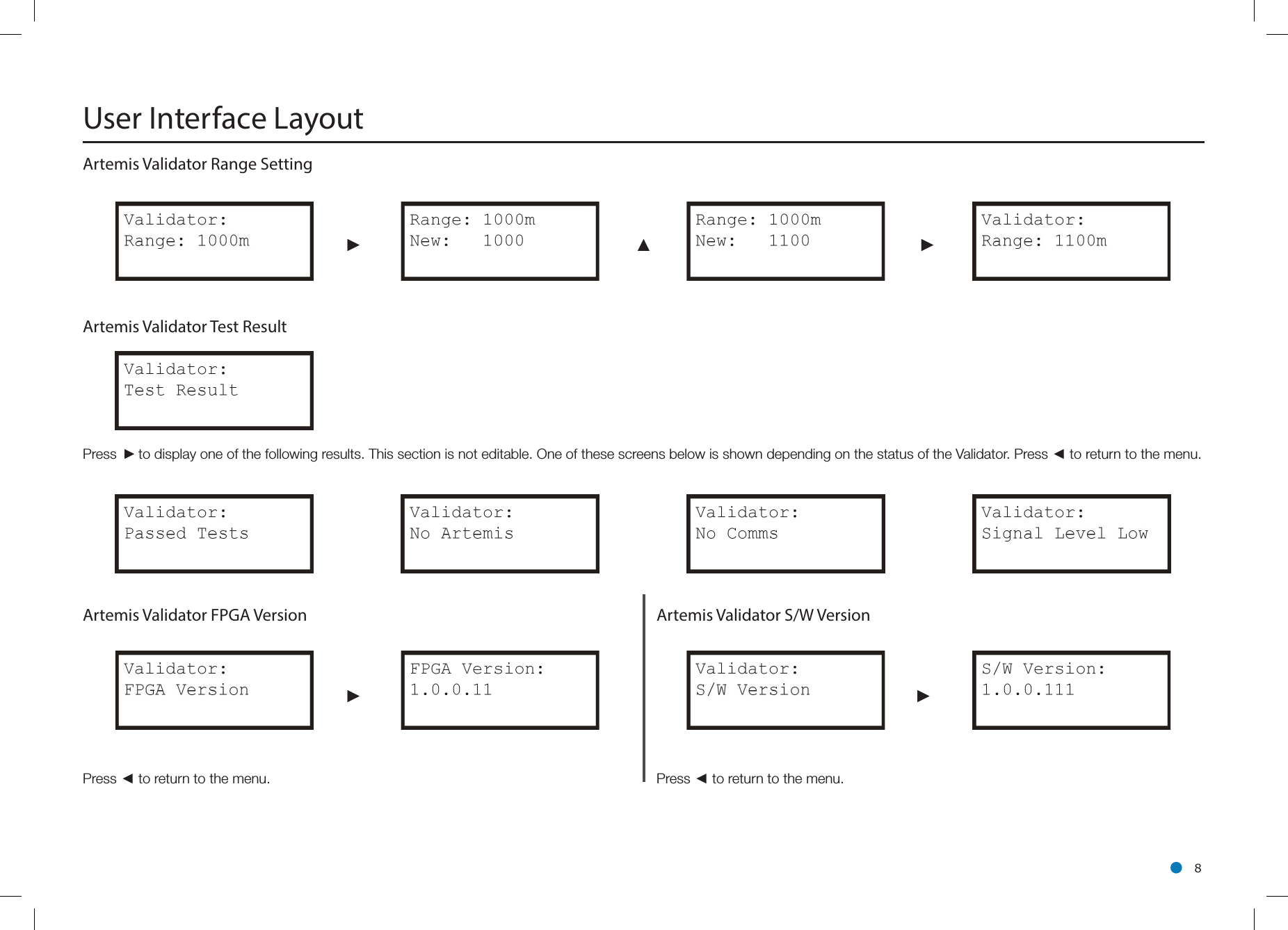 l 8Artemis Validator Range Setting      ►                   ▲►Artemis Validator Test Result Press  ►to display one of the following results. This section is not editable. One of these screens below is shown depending on the status of the Validator. Press ◄ to return to the menu. Artemis Validator FPGA Version                      Artemis Validator S/W Version      ►►Press ◄ to return to the menu.        Press ◄ to return to the menu.User Interface Layout