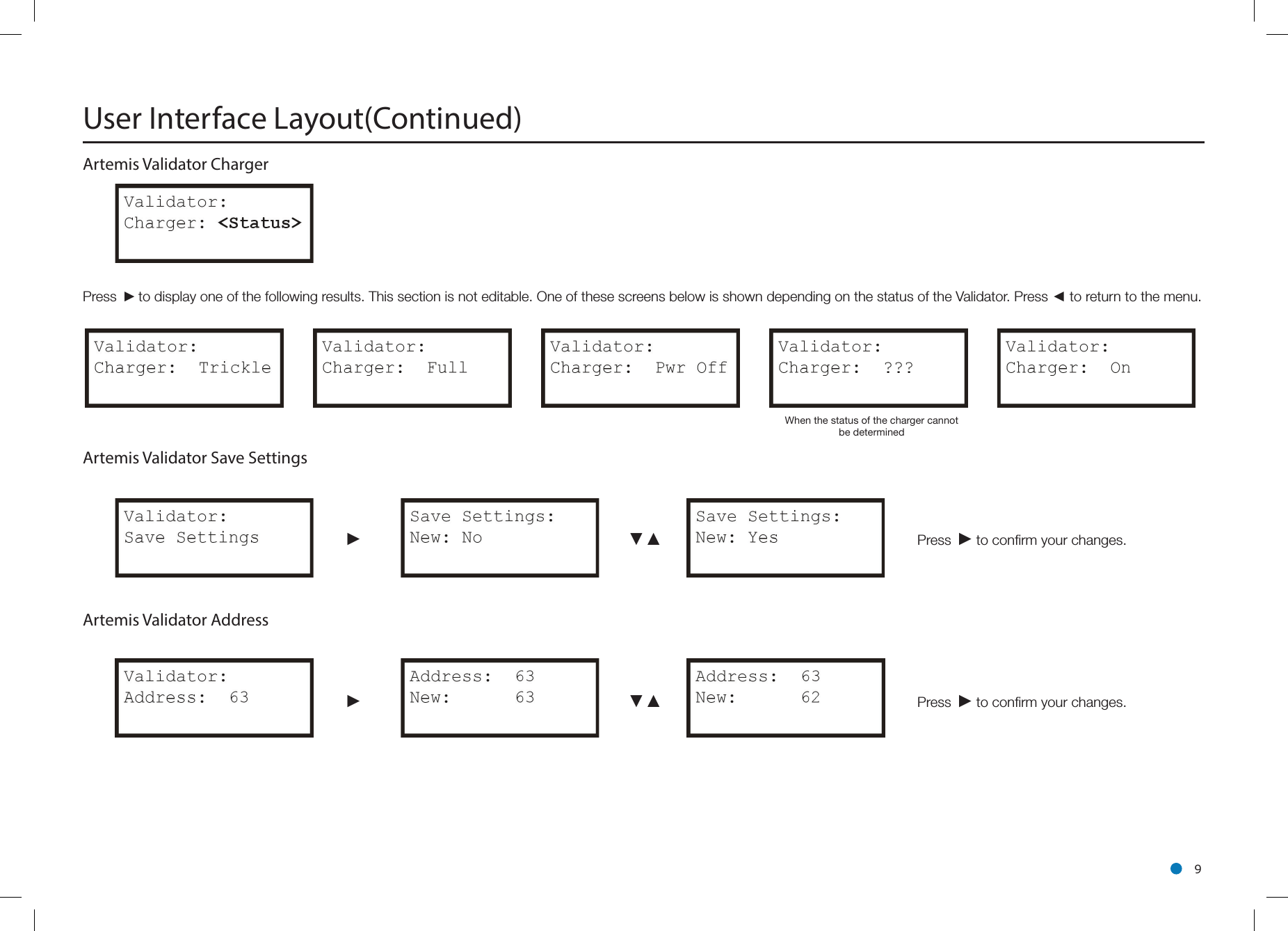 l 9Artemis Validator ChargerPress  ►to display one of the following results. This section is not editable. One of these screens below is shown depending on the status of the Validator. Press ◄ to return to the menu.Artemis Validator Save Settings      ►                 ▼▲     Press  ►to conﬁrm your changes. Artemis Validator Address      ►                 ▼▲     Press  ►to conﬁrm your changes. User Interface Layout(Continued)When the status of the charger cannot be determined