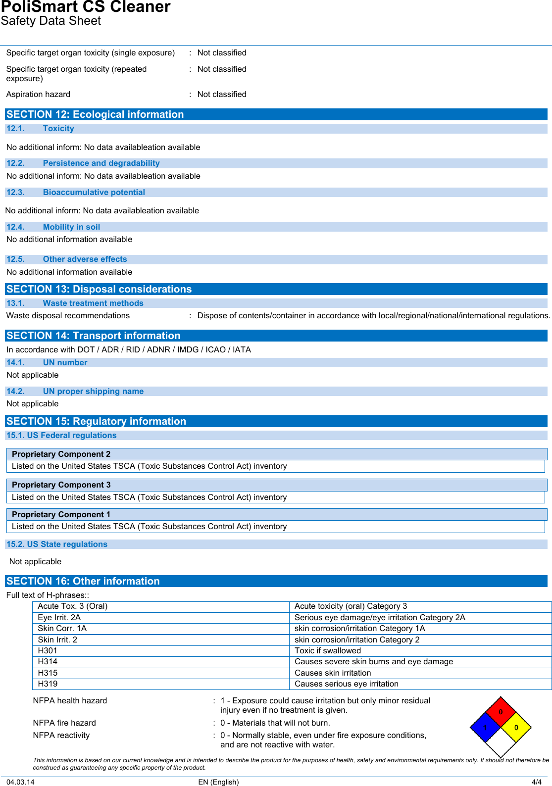 Page 4 of 4 - Ameripolish PoliSmart MSDS  AP-Poli Smart-SDS