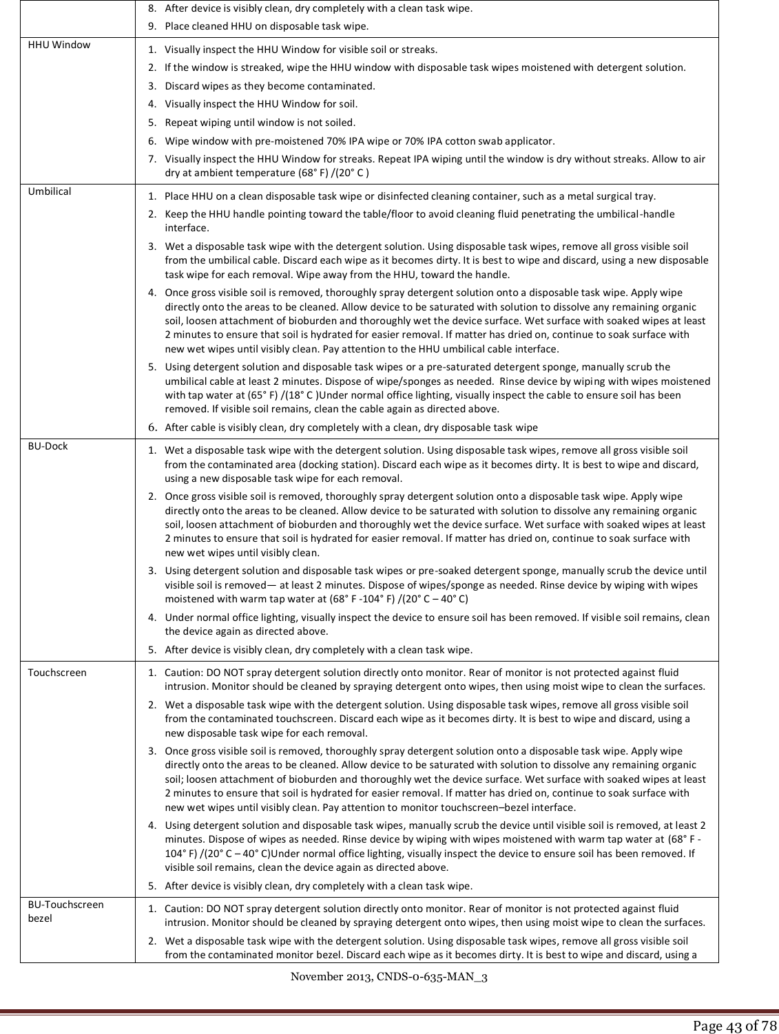 November 2013, CNDS-0-635-MAN_3     Page 43 of 78  8. After device is visibly clean, dry completely with a clean task wipe. 9. Place cleaned HHU on disposable task wipe. HHU Window 1. Visually inspect the HHU Window for visible soil or streaks.  2. If the window is streaked, wipe the HHU window with disposable task wipes moistened with detergent solution.  3. Discard wipes as they become contaminated.  4. Visually inspect the HHU Window for soil.  5. Repeat wiping until window is not soiled.  6. Wipe window with pre-moistened 70% IPA wipe or 70% IPA cotton swab applicator.  7. Visually inspect the HHU Window for streaks. Repeat IPA wiping until the window is dry without streaks. Allow to air dry at ambient temperature (68° F) /(20° C ) Umbilical  1. Place HHU on a clean disposable task wipe or disinfected cleaning container, such as a metal surgical tray.  2. Keep the HHU handle pointing toward the table/floor to avoid cleaning fluid penetrating the umbilical-handle interface.  3. Wet a disposable task wipe with the detergent solution. Using disposable task wipes, remove all gross visible soil from the umbilical cable. Discard each wipe as it becomes dirty. It is best to wipe and discard, using a new disposable task wipe for each removal. Wipe away from the HHU, toward the handle. 4. Once gross visible soil is removed, thoroughly spray detergent solution onto a disposable task wipe. Apply wipe directly onto the areas to be cleaned. Allow device to be saturated with solution to dissolve any remaining organic soil, loosen attachment of bioburden and thoroughly wet the device surface. Wet surface with soaked wipes at least 2 minutes to ensure that soil is hydrated for easier removal. If matter has dried on, continue to soak surface with new wet wipes until visibly clean. Pay attention to the HHU umbilical cable interface. 5. Using detergent solution and disposable task wipes or a pre-saturated detergent sponge, manually scrub the umbilical cable at least 2 minutes. Dispose of wipe/sponges as needed.  Rinse device by wiping with wipes moistened with tap water at (65° F) /(18° C )Under normal office lighting, visually inspect the cable to ensure soil has been removed. If visible soil remains, clean the cable again as directed above.  6. After cable is visibly clean, dry completely with a clean, dry disposable task wipe BU-Dock 1. Wet a disposable task wipe with the detergent solution. Using disposable task wipes, remove all gross visible soil from the contaminated area (docking station). Discard each wipe as it becomes dirty. It is best to wipe and discard, using a new disposable task wipe for each removal. 2. Once gross visible soil is removed, thoroughly spray detergent solution onto a disposable task wipe. Apply wipe directly onto the areas to be cleaned. Allow device to be saturated with solution to dissolve any remaining organic soil, loosen attachment of bioburden and thoroughly wet the device surface. Wet surface with soaked wipes at least 2 minutes to ensure that soil is hydrated for easier removal. If matter has dried on, continue to soak surface with new wet wipes until visibly clean.  3. Using detergent solution and disposable task wipes or pre-soaked detergent sponge, manually scrub the device until visible soil is removed— at least 2 minutes. Dispose of wipes/sponge as needed. Rinse device by wiping with wipes moistened with warm tap water at (68° F -104° F) /(20° C – 40° C) 4. Under normal office lighting, visually inspect the device to ensure soil has been removed. If visible soil remains, clean the device again as directed above.  5. After device is visibly clean, dry completely with a clean task wipe. Touchscreen  1. Caution: DO NOT spray detergent solution directly onto monitor. Rear of monitor is not protected against fluid intrusion. Monitor should be cleaned by spraying detergent onto wipes, then using moist wipe to clean the surfaces.  2. Wet a disposable task wipe with the detergent solution. Using disposable task wipes, remove all gross visible soil from the contaminated touchscreen. Discard each wipe as it becomes dirty. It is best to wipe and discard, using a new disposable task wipe for each removal. 3. Once gross visible soil is removed, thoroughly spray detergent solution onto a disposable task wipe. Apply wipe directly onto the areas to be cleaned. Allow device to be saturated with solution to dissolve any remaining organic soil; loosen attachment of bioburden and thoroughly wet the device surface. Wet surface with soaked wipes at least 2 minutes to ensure that soil is hydrated for easier removal. If matter has dried on, continue to soak surface with new wet wipes until visibly clean. Pay attention to monitor touchscreen–bezel interface. 4. Using detergent solution and disposable task wipes, manually scrub the device until visible soil is removed, at least 2 minutes. Dispose of wipes as needed. Rinse device by wiping with wipes moistened with warm tap water at (68° F -104° F) /(20° C – 40° C)Under normal office lighting, visually inspect the device to ensure soil has been removed. If visible soil remains, clean the device again as directed above.  5. After device is visibly clean, dry completely with a clean task wipe. BU-Touchscreen bezel  1. Caution: DO NOT spray detergent solution directly onto monitor. Rear of monitor is not protected against fluid intrusion. Monitor should be cleaned by spraying detergent onto wipes, then using moist wipe to clean the surfaces.  2. Wet a disposable task wipe with the detergent solution. Using disposable task wipes, remove all gross visible soil from the contaminated monitor bezel. Discard each wipe as it becomes dirty. It is best to wipe and discard, using a 