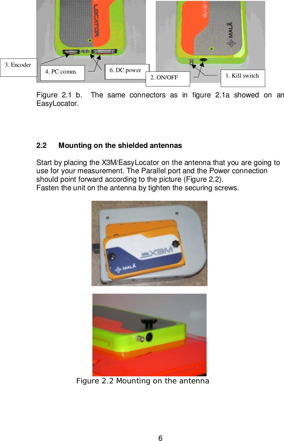 6     Figure 2.1 b.  The same connectors as in figure 2.1a showed on anEasyLocator.2.2 Mounting on the shielded antennasStart by placing the X3M/EasyLocator on the antenna that you are going touse for your measurement. The Parallel port and the Power connectionshould point forward according to the picture (Figure 2.2).Fasten the unit on the antenna by tighten the securing screws.        Figure 2.2 Mounting on the antenna3. Encoder 6. DC power4. PC comm. 1. Kill switch2. ON/OFF