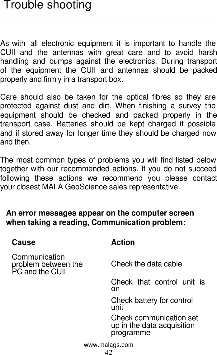 www.malags.com 42  Trouble shooting _________________________________________________   As with  all electronic equipment it is important to handle the CUII and the antennas with great care and to avoid harsh handling and bumps against the electronics. During transport of the equipment the CUII and antennas should be packed properly and firmly in a transport box.   Care should also be taken for the optical fibres so they are protected against dust and dirt. When finishing a survey the equipment should be checked and packed properly in the transport case. Batteries should be kept charged if possible and if stored away for longer time they should be charged now and then.   The most common types of problems you will find listed below together with our recommended actions. If you do not succeed following these actions we recommend you please contact your closest MALÅ GeoScience sales representative.   An error messages appear on the computer screen when taking a reading, Communication problem:  Cause Action Communication problem between the PC and the CUII Check the data cable  Check that control unit is on  Check battery for control unit  Check communication set up in the data acquisition programme 