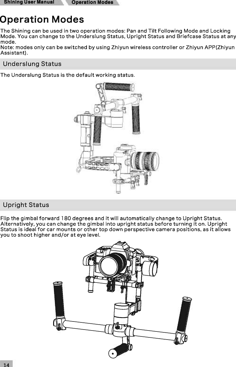Shining User Manual Operation Modes The Shining can be used in two operation modes: Pan and Tilt Following Mode and Locking Mode. You can change to the Underslung Status, Upright Status and Briefcase Status at any mode. Note: modes only can be switched by using Zhiyun wireless controller or Zhiyun APP(Zhiyun Assistant). Underslung Status The Underslung Status is the default working status. Upright Status Flip the gimbal forward 180 degrees and it will automatically change to Upright Status. Alternatively, you can change the gimbal into upright status before turning it on. Upright Status is ideal for car mounts or other top down perspective camera positions, as it allows you to shoot higher and/or at eye level. 