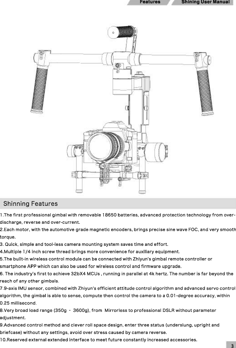 Features  Shining User Manual Shinning Features 1 .The first professional gimbal with removable 18650 batteries, advanced protection technology from over-discharge, reverse and over-current. 2.Each motor, with the automotive grade magnetic encoders, brings precise sine wave FOG, and very smooth torque. 3. Quick, simple and tool-less camera mounting system saves time and effort. 4.Multiple 1/4 inch screw thread brings more convenience for auxiliary equipment. 5.The built-in wireless control module can be connected with Zhiyun&apos;s gimbal remote controller or smartphone APP which can also be used for wireless control and firmware upgrade. 6. The industry&apos;s first to achieve 32bX4 MCUs, running in parallel at 4k hertz. The number is far beyond the reach of any other gimbals. 7.9-axis IMU sensor, combined with Zhiyun&apos;s efficient attitude control algorithm and advanced servo control algorithm, the gimbal is able to sense, compute then control the camera to a 0.01-degree accuracy, within 0.25 millisecond. 8.Very broad load range (350g -3600g), from Mirrorless to professional DSLR without parameter adjustment. 9.Advanced control method and clever roll space design, enter three status (underslung, upright and briefcase) without any settings, avoid over stress caused by camera reverse. 1 O.Reserved external extended interface to meet future constantly increased accessories. 