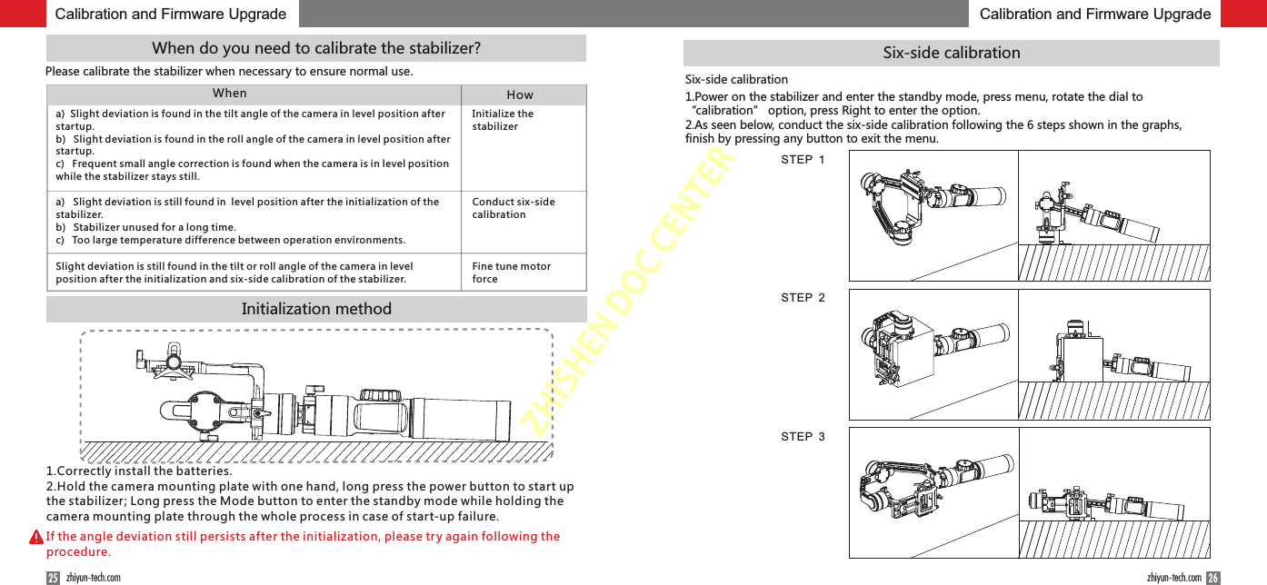 ZHISHENDOCCENTERSix-side calibrationSix-side calibration1. Power on the stabilizer and enter the standby mode, press menu, rotate the dial to “calibration” option, press Right to enter the option.2. As seen below, conduct the six-side calibration following the 6 steps shown in the graphs, finish by pressing any button to exit the menu.Calibration and Firmware Upgrade2625 zhiyun-tech.com zhiyun-tech.comSTEP  1STEP  2When do you need to calibrate the stabilizer?Please calibrate the stabilizer when necessary to ensure normal use.Initialization methodSTEP  3Calibration and Firmware UpgradeHowWhena)  Slight deviation is found in the tilt angle of the camera in level position after startup.b)Slight deviation is found in the roll angle of the camera in level position after startup.c)Frequent small angle correction is found when the camera is in level position while the stabilizer stays still.Initialize the stabilizera)   Slight deviation is still found in  level position after the initialization of the stabilizer.b)Stabilizer unused for a long time.c)Too large temperature difference between operation environments.Conduct six-side calibrationSlight deviation is still found in the tilt or roll angle of the camera in level position after the initialization and six-side calibration of the stabilizer.Fine tune motor force1.Correctly install the batteries.2.Hold the camera mounting plate with one hand, long press the power button to start up the stabilizer; Long press the Mode button to enter the standby mode while holding the camera mounting plate through the whole process in case of start-up failure.If the angle deviation still persists after the initialization, please try again following the procedure.