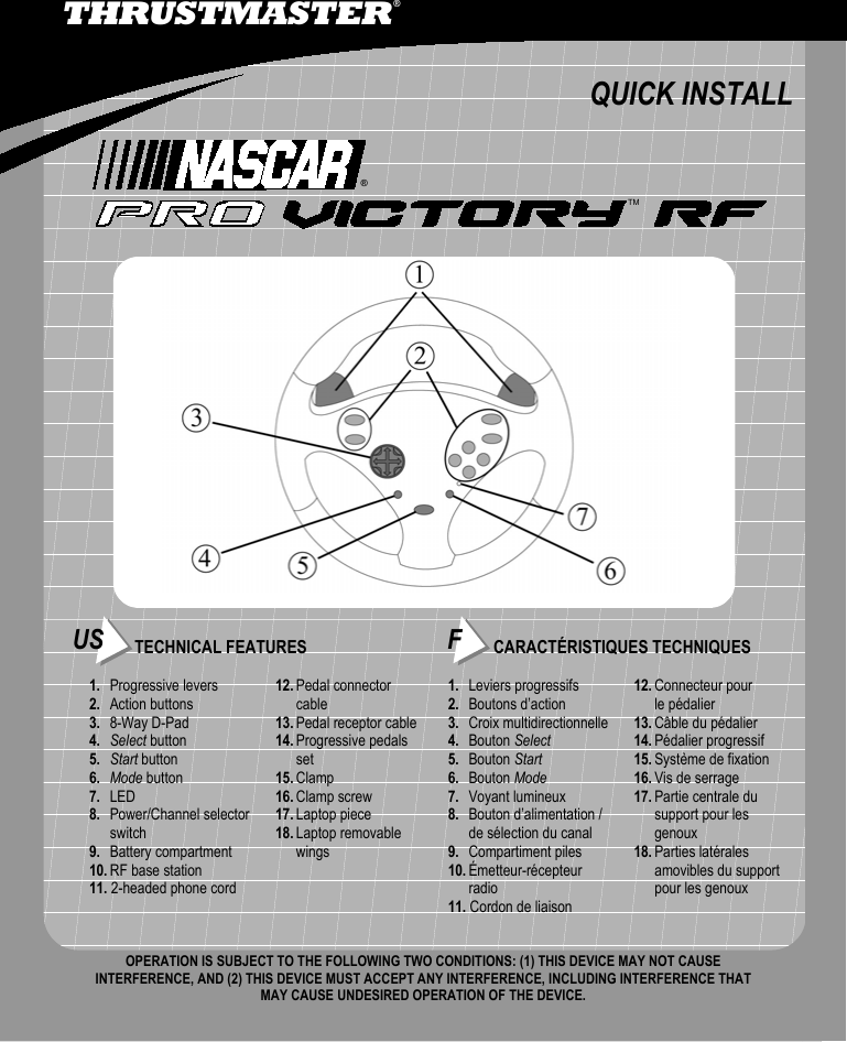 QUICK INSTALLTHRUSTMASTER®12. Connecteur pourle pédalier13. Câble du pédalier14. Pédalier progressif15. Système de fixation16. Vis de serrage17. Partie centrale dusupport pour lesgenoux18. Parties latéralesamovibles du supportpour les genouxFCARACTÉRISTIQUES TECHNIQUES1. Leviers progressifs2. Boutons d’action3. Croix multidirectionnelle4. Bouton Select5. Bouton Start6. Bouton Mode7. Voyant lumineux8. Bouton d’alimentation /de sélection du canal9. Compartiment piles10. Émetteur-récepteurradio11. Cordon de liaisonUS TECHNICAL FEATURES1. Progressive levers2. Action buttons3. 8-Way D-Pad4. Select button5. Start button6. Mode button7. LED8. Power/Channel selectorswitch9. Battery compartment10. RF base station11. 2-headed phone cord12. Pedal connectorcable13. Pedal receptor cable14. Progressive pedalsset15. Clamp16. Clamp screw17. Laptop piece18. Laptop removablewingsOPERATION IS SUBJECT TO THE FOLLOWING TWO CONDITIONS: (1) THIS DEVICE MAY NOT CAUSEINTERFERENCE, AND (2) THIS DEVICE MUST ACCEPT ANY INTERFERENCE, INCLUDING INTERFERENCE THATMAY CAUSE UNDESIRED OPERATION OF THE DEVICE.®TM