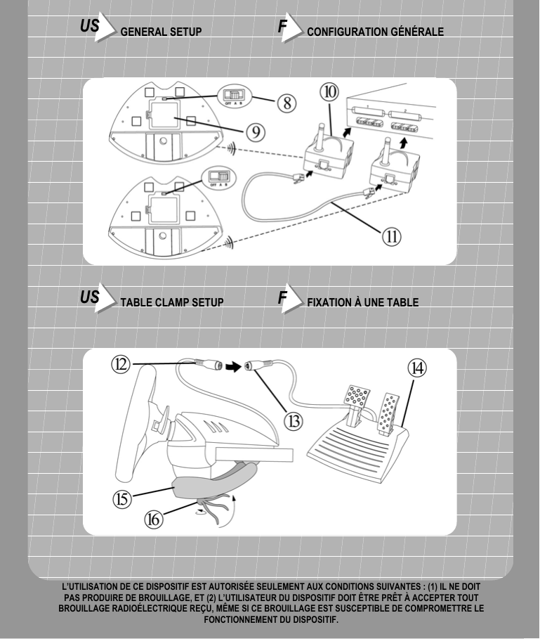 US GENERAL SETUP FCONFIGURATION GÉNÉRALEUS TABLE CLAMP SETUP FFIXATION À UNE TABLEL’UTILISATION DE CE DISPOSITIF EST AUTORISÉE SEULEMENT AUX CONDITIONS SUIVANTES : (1) IL NE DOITPAS PRODUIRE DE BROUILLAGE, ET (2) L’UTILISATEUR DU DISPOSITIF DOIT ÊTRE PRÊT À ACCEPTER TOUTBROUILLAGE RADIOÉLECTRIQUE REÇU, MÊME SI CE BROUILLAGE EST SUSCEPTIBLE DE COMPROMETTRE LEFONCTIONNEMENT DU DISPOSITIF.