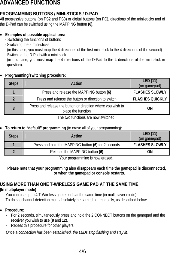  4/6  ADVANCED FUNCTIONS  PROGRAMMING BUTTONS / MINI-STICKS / D-PAD All progressive buttons (on PS2 and PS3) or digital buttons (on PC), directions of the mini-sticks and of the D-Pad can be switched using the MAPPING button (6).  • Examples of possible applications: - Switching the functions of buttons      - Switching the 2 mini-sticks     (in this case, you must map the 4 directions of the first mini-stick to the 4 directions of the second)      - Switching the D-Pad with a mini-stick  (in this case, you must map the 4 directions of the D-Pad to the 4 directions of the mini-stick in question).  • Programming/switching procedure: Steps  Action  LED (11)             (on gamepad) 1  Press and release the MAPPING button (6) FLASHES SLOWLY 2  Press and release the button or direction to switch  FLASHES QUICKLY 3  Press and release the button or direction where you wish to place the function  ON The two functions are now switched.  • To return to “default” programming (to erase all of your programming): Steps  Action  LED (11)             (on gamepad) 1  Press and hold the MAPPING button (6) for 2 seconds  FLASHES SLOWLY 2  Release the MAPPING button (6) ON Your programming is now erased.  Please note that your programming also disappears each time the gamepad is disconnected, or when the gamepad or console restarts.  USING MORE THAN ONE T-WIRELESS GAME PAD AT THE SAME TIME (In multiplayer mode) You can use up to 4 T-Wireless game pads at the same time (in multiplayer mode). To do so, channel detection must absolutely be carried out manually, as described below.  • Procedure: -  For 2 seconds, simultaneously press and hold the 2 CONNECT buttons on the gamepad and the receiver you wish to use (8 and 12). -  Repeat this procedure for other players. Once a connection has been established, the LEDs stop flashing and stay lit. 