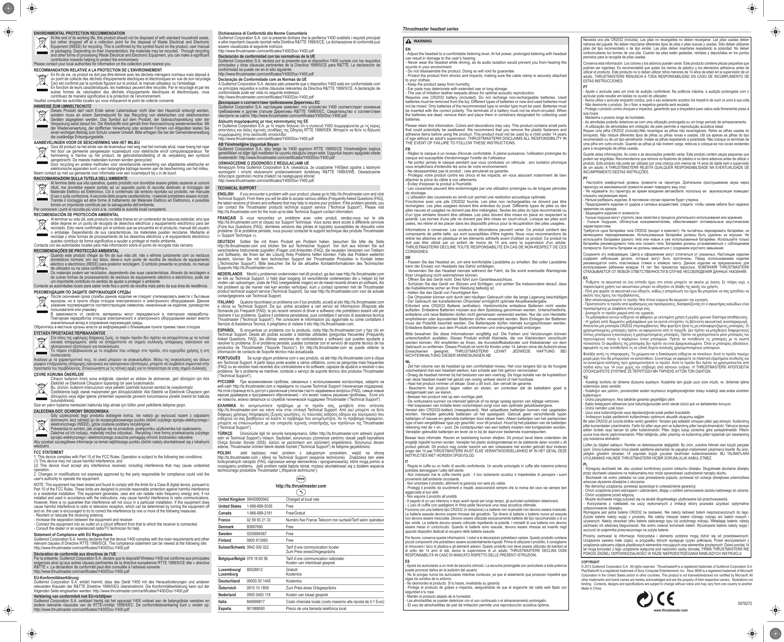 COPYRIGHT © 2013 Guillemot Corporation S.A.  All rights reserved.  Thrustmaster® is a registered trademark of Guillemot Corporation S.A.  PlayStation® is a registered trademark of Sony Computer Entertainment, Inc.  Xbox 360® is a registered trademark of Microsoft Corporation in the United States and/or in other countries. This product is not licensed/endorsed nor certified by Microsoft. All other trademarks and brand names are hereby acknowledged and are the property of their respective owners.  Illustrations not binding.  Contents, designs and specifications are subject to change without notice and may vary from one country to another.  Made in China.5076272TECHNICAL SUPPORTENGLISH If you encounter a problem with your product, please go to http://ts.thrustmaster.com and click Technical Support. From there you will be able to access various utilities (Frequently Asked Questions (FAQ), the latest versions of drivers and software) that may help to resolve your problem. If the problem persists, you can contact the Thrustmaster products technical support service (“Technical Support”). Please visit http://ts.thrustmaster.com for the most up-to-date Technical Support contact information.FRANÇAIS Si vous rencontrez un problème avec votre produit, rendez-vous sur le site http://ts.thrustmaster.com et cliquez sur Support Technique. Vous aurez alors accès à différents services (Foire Aux Questions (FAQ), dernières versions des pilotes et logiciels) susceptibles de résoudre votre problème. Si le problème persiste, vous pouvez contacter le support technique des produits Thrustmaster (« Support Technique »).DEUTSCH  Sollten Sie mit Ihrem Produkt ein Problem haben, besuchen Sie bitte die Seite http://ts.thrustmaster.com und klicken Sie auf Technischer Support. Von dort aus können Sie auf verschiedene Instrumente zugreifen (Fragen und Antworten (FAQ), die neuesten Versionen von Treibern und Software), die Ihnen bei der Lösung Ihres Problems helfen könnten. Falls das Problem weiterhin besteht, können Sie mit dem technischen Support der Thrustmaster Produkten in Kontakt treten („Technischer Support“). Bitte besuchen Sie für die aktuellen Kontaktinformationen des Technischen Supports http://ts.thrustmaster.com.NEDERLANDS     Mocht u problemen ondervinden met dit product, ga dan naar http://ts.thrustmaster.com en klik op Technical Support. U hebt daar toegang tot verschillende onderwerpen die u helpen bij het vinden van oplossingen, zoals de FAQ (veelgestelde vragen) en de meest recente drivers en software. Als het probleem op die manier niet kan worden verholpen, kunt u contact opnemen met de Thrustmaster product technical support service (Technical Support). Ga naar http://ts.thrustmaster.com voor de actuele contactgegevens van Technical Support.ITALIANO  Qualora riscontrassi un problema con il tuo prodotto, accedi al sito http://ts.thrustmaster.com e clicca su Technical Support. Da qui, potrai accedere a vari servizi ed informazioni (Risposte alle Domande più Frequenti (FAQ), le più recenti versioni di driver e software) che potrebbero esserti utili per risolvere il tuo problema. Qualora il problema persistesse, puoi contattare il servizio di assistenza tecnica Thrustmaster (“Technical Support”). Per conoscere le informazioni più aggiornate su come contattare il Servizio di Assistenza Tecnica, ti preghiamo di visitare il sito http://ts.thrustmaster.com.ESPAÑOL  Si encuentras un problema con tu producto, visita http://ts.thrustmaster.com y haz clic en Technical Support. Desde allí podrás acceder a distintas utilidades (preguntas frecuentes (Frequently Asked Questions, FAQ), las últimas versiones de controladores y software) que pueden ayudarte a resolver tu problema. Si el problema persiste, puedes contactar con el servicio de soporte técnico de los productos de Thrustmaster (“Soporte Técnico”). En http://ts.thrustmaster.com se puede obtener la información de contacto de Soporte técnico más actualizada.PORTUGUÊS        Se surgir algum problema com o seu produto, vá até http://ts.thrustmaster.com e clique em Technical Support. A partir daqui pode aceder a vários utilitários, como as perguntas mais frequentes (FAQ) ou as versões mais recentes dos controladores e do software, capazes de ajudá-lo a resolver o seu problema. Se o problema se mantiver, contacte o serviço de suporte técnico dos produtos Thrustmaster (“Technical Support”).РУССКИЙ  При  возникновении  проблем,  связанных  с  использованием  контроллера,  зайдите  на веб-сайт http://ts.thrustmaster.com и перейдите по ссылке Technical Support (техническая поддержка).  На этой странице есть доступ к различным утилитам (часто задаваемые вопросы (FAQ), самые новые версии драйверов и программного обеспечения) – это может помочь решению проблемы.  Если это не помогло, можно связаться со службой технической поддержки Thrustmaster (“Technical Support”).ΕΛΛΗΝΙΚΑ  Αν  αντιμετωπίσετε  πρόβλημα  με  το  προϊόν  σας,  μεταβείτε  στον  ιστότοπο http://ts.thrustmaster.com  και  κάντε  κλικ  στην  επιλογή  Technical  Support.  Από  εκεί  μπορείτε  να  δείτε διάφορες χρήσιμες πληροφορίες (Συχνές ερωτήσεις, τις τελευταίες εκδόσεις οδηγών και λογισμικού) που ενδέχεται να σας βοηθήσουν να λύσετε το πρόβλημα που αντιμετωπίζετε. Αν το πρόβλημα παραμείνει, μπορείτε να επικοινωνήσετε με  την  υπηρεσία τεχνικής υποστήριξης των προϊόντων  της Thrustmaster (“Technical Support”).TÜRKÇE Ürününüzle ilgili bir sorunla karşılaşırsanız, lütfen http://ts.thrustmaster.com adresini ziyaret edin ve Technical Support’u tıklayın. Sayfadan, sorununuzu çözmenize yardımcı olacak çeşitli kaynaklara (Sıkça  Sorulan  Sorular  (SSS),  sürücü  ve  yazılımların  son  sürümleri)  erişebilirsiniz.  Sorununuz  devam ederse, Thrustmaster ürünleri teknik destek hizmeti (“Technical Support”) ile iletişime geçebilirsiniz.POLSKI  Jeśli  będziesz  mieć  problem  z  zakupionym  produktem,  wejdź  na  stronę http://ts.thrustmaster.com i kliknij na Technical Support (wsparcie techniczne).  Znajdziesz tam wiele funkcjonalnych narzędzi (FAQ, najnowsze wersje sterowników i oprogramowania), które mogą pomóc w rozwiązaniu problemu.  Jeśli problem nadal będzie istniał, możesz skontaktować się z działem wsparcia technicznego produktów Thrustmaster („Wsparcie techniczne”). ENVIRONMENTAL PROTECTION RECOMMENDATIONAt the end of its working life, this product should not be disposed of with standard household waste, but rather dropped off at a collection point for the disposal of Waste Electrical and Electronic Equipment (WEEE) for recycling. This is confirmed by the symbol found on the product, user manual or packaging. Depending on their characteristics, the materials may be recycled.  Through recycling and other forms of processing Waste Electrical and Electronic Equipment, you can make a significant contribution towards helping to protect the environment. Please contact your local authorities for information on the collection point nearest you.RECOMMANDATION RELATIVE A LA PROTECTION DE L’ENVIRONNEMENTEn fin de vie, ce produit ne doit pas être éliminé avec les déchets ménagers normaux mais déposé à un point de collecte des déchets d&apos;équipements électriques et électroniques en vue de son recyclage. Ceci est confirmé par le symbole figurant sur le produit, le manuel utilisateur ou l’emballage. En fonction de leurs caractéristiques, les matériaux peuvent être recyclés. Par le recyclage et par les autres formes de valorisation des déchets d&apos;équipements électriques et électroniques, vous contribuez de manière significative à la protection de l’environnement.Veuillez consulter les autorités locales qui vous indiqueront le point de collecte concerné.HINWEISE ZUM UMWELTSCHUTZDieses Produkt darf nach Ende seiner Lebensdauer nicht über den Hausmüll entsorgt werden, sondern muss an einem Sammelpunkt für das Recycling von elektrischen und elektronischen Geräten abgegeben werden. Das Symbol auf dem Produkt, der Gebrauchsanleitung oder der Verpackung weist darauf hin. Die Werkstoffe sind gemäß ihrer Kennzeichnung wiederverwertbar. Mit der Wiederverwertung, der stofflichen Verwertung oder anderen Formen von Altgeräten leisten Sie einen wichtigen Beitrag zum Schutz unserer Umwelt. Bitte erfragen Sie bei der Gemeindeverwaltung die zuständige Entsorgungsstelle.AANBEVELINGEN VOOR DE BESCHERMING VAN HET MILIEUGooi dit product na het einde van de levensduur niet weg met het normale afval, maar breng het naar het door uw gemeente aangewezen inzamelpunt voor elektrische en/of computerapparatuur. Ter herinnering is hiertoe op het product, de gebruikshandleiding of de verpakking een symbool aangebracht. De meeste materialen kunnen worden gerecycled. Door recycling en andere methoden voor verantwoorde verwerking van afgedankte elektrische en elektronische apparaten kunt u een belangrijke bijdrage leveren aan de bescherming van het milieu. Neem contact op met uw gemeente voor informatie over een inzamelpunt bij u in de buurt.RACCOMANDAZIONI SULLA TUTELA DELL’AMBIENTEAl termine della sua vita operativa, questo prodotto non dovrebbe essere gettato assieme ai comuni rifiuti, ma dovrebbe essere portato ad un apposito punto di raccolta destinato al riciclaggio del Materiale Elettrico ed Elettronico. Ciò è confermato dal simbolo riportato sul prodotto, nel manuale d’uso o sulla confezione. A seconda delle proprie caratteristiche, i materiali potrebbero essere riciclati. Tramite il riciclaggio ed altre forme di trattamento del Materiale Elettrico ed Elettronico, è possibile fornire un importante contributo per la salvaguardia dell’ambiente. Per conoscere i punti di raccolta più vicini a te, contatta le autorità locali competenti.RECOMENDACIÓN DE PROTECCIÓN AMBIENTALAl terminar su vida útil, este producto no debe tirarse en un contenedor de basuras estándar, sino que debe dejarse en un punto de recogida de desechos eléctricos y equipamiento electrónico para ser reciclado. Esto viene confirmado por el símbolo que se encuentra en el producto, manual del usuario o embalaje. Dependiendo de sus características, los materiales pueden reciclarse. Mediante el reciclaje y otras formas de procesamiento de los desechos eléctricos y el equipamiento electrónico puedes contribuir de forma significativa a ayudar a proteger el medio ambiente.Contacta con las autoridades locales para más información sobre el punto de recogida más cercano.RECOMENDAÇÕES DE PROTECÇÃO AMBIENTALQuando este produto chegar ao fim da sua vida útil, não o elimine juntamente com os resíduos domésticos normais; em vez disso, deixe-o num ponto de recolha de resíduos de equipamento eléctrico e electrónico (REEE) para posterior reciclagem. O símbolo presente no produto, no manual de utilizador ou na caixa confirma-o. Os materiais podem ser reciclados, dependendo das suas características. Através da reciclagem e de outras formas de processamento de resíduos de equipamento eléctrico e electrónico, pode dar um importante contributo no sentido de ajudar a proteger o ambiente. Contacte as autoridades locais para saber onde fica o ponto de recolha mais perto da sua área de residência.РЕКОМЕНДАЦИИ ПО ЗАЩИТЕ ОКРУЖАЮЩЕЙ СРЕДЫПосле окончания срока службы данное изделие не следует утилизировать вместе с бытовым мусором,  но  в  пункте  сбора  отходов  электрического  и  электронного  оборудования.  Данное указание подтверждается соответствующим символом, нанесенным на изделие, руководство пользователя или упаковку. В  зависимости  от  свойств,  материалы  могут  передаваться  в  повторную  переработку.  Повторная переработка отходов электрического и электронного оборудования может внести значительный вклад в сохранение окружающей среды. Обратитесь в местные органы власти за информацией о ближайшем пункте приема таких отходов.ΣΥΣΤΑΣΗ ΠΡΟΣΤΑΣΙΑΣ ΠΕΡΙΒΑΛΛΟΝΤΟΣΣτο τέλος της ωφέλιμης διάρκειας ζωής, το παρόν προϊόν δεν πρέπει να απορρίπτεται με τα τυπικά οικιακά  απορρίμματα,  αλλά  να  απορρίπτεται  σε  σημείο  συλλογής  απόρριψης  ηλεκτρικού  και ηλεκτρονικού εξοπλισμού για ανακύκλωση.Το παρόν επιβεβαιώνεται με το σύμβολο που υπάρχει στο προϊόν, στο εγχειρίδιο χρήσης ή στη συσκευασία. Ανάλογα  με  τα  χαρακτηριστικά  τους,  τα  υλικά  μπορούν  να  ανακυκλωθούν.  Μέσω  της  ανακύκλωσης  και  άλλων μορφών επεξεργασίας απόρριψης ηλεκτρικού και ηλεκτρονικού εξοπλισμού, μπορείτε να συμβάλετε σημαντικά στην προστασία του περιβάλλοντος. Επικοινωνήστε με τις τοπικές αρχές για το πλησιέστερο σε εσάς σημείο συλλογής.ÇEVRE KORUMA ÖNERİLERİCihazın  kullanım  ömrü  sona  erdiğinde,  standart  ev  atıkları  ile  atılmamalı,  geri  dönüşüm  için Atık Elektrikli ve Elektronik Cihazların toplandığı bir yere bırakılmalıdır.Bu, ürünün, kullanım kılavuzunun veya paketin üzerinde bulunan sembol ile onaylanmıştır. Özelliklerine bağlı olarak malzemeler geri dönüştürülebilir. Atık Elektrik ve Elektronik Cihazların geri dönüşümü veya diğer işleme yöntemleri sayesinde çevrenin korunmasına yönelik önemli bir katkıda bulunabilirsiniz.Size en yakın toplama merkezleri hakkında bilgi almak için lütfen yerel yetkililerle iletişime geçin.ZALECENIA DOT. OCHRONY ŚRODOWISKAGdy  użyteczność  tego  produktu  dobiegnie  końca,  nie  należy  go  wyrzucać  razem  z  odpadami domowymi, lecz odnieść go do wyspecjalizowanego punktu zbiórki zużytego sprzętu elektrycznego i elektronicznego (WEEE), gdzie zostanie poddany recyklingowi.Potwierdza to symbol, jaki znajduje się na produkcie, podręczniku użytkownika lub opakowaniu. Zależnie od ich rodzaju, materiały można odzyskać.  Recykling i inne formy przetwarzania zużytego sprzętu elektrycznego i elektronicznego znacznie pomagają chronić środowisko naturalne. Aby uzyskać szczegółowe informacje na temat najbliższego punktu zbiórki należy skontaktować się z lokalnymi władzami.FCC STATEMENT1. This device complies with Part 15 of the FCC Rules. Operation is subject to the following two conditions:(1) This device may not cause harmful interference, and(2) This device must accept any interference received, including interference that may cause undesired operation.2. Changes or modifications not expressly approved by the party responsible for compliance could void the user&apos;s authority to operate the equipment.NOTE: This equipment has been tested and found to comply with the limits for a Class B digital device, pursuant to Part 15 of the FCC Rules. These limits are designed to provide reasonable protection against harmful interference in a residential installation. This equipment generates, uses and can radiate radio frequency energy and, if not installed and used in accordance with the instructions, may cause harmful interference to radio communications. However, there is no guarantee that interference will not occur in a particular installation. If this equipment does cause harmful interference to radio or television reception, which can be determined by turning the equipment off and on, the user is encouraged to try to correct the interference by one or more of the following measures:- Reorient or relocate the receiving antenna.- Increase the separation between the equipment and receiver.- Connect the equipment into an outlet on a circuit different from that to which the receiver is connected.- Consult the dealer or an experienced radio/TV technician for help.Statement of Compliance with EU RegulationsGuillemot Corporation S.A. hereby declares that the device Y400 complies with the main requirements and other relevant clauses of Directive RTTE 1999/5/CE. The compliance statement can be viewed at the following site: http://www.thrustmaster.com/certificates/Y400/Doc-Y400.pdfDéclaration de conformité aux directives de l’UEPar la présente, Guillemot Corporation S.A. déclare que le dispositif Wireless Y400 est conforme aux principales exigences ainsi qu’aux autres clauses pertinentes de la directive européenne RTTE 1999/5/CE dite « directive R&amp;TTE ». La déclaration de conformité peut être consultée à l’adresse suivante : http://www.thrustmaster.com/certificates/Y400/Doc-Y400.pdfEU-KonformitätserklärungGuillemot Corporation S.A. erklärt hiermit, dass das Gerät Y400 mit des Herausforderungen und anderen relevanten Klauseln der R&amp;TTE Direktive 1999/5/EG übereinstimmt. Die Konformitätserklärung kann auf der folgenden Seite eingesehen werden: http://www.thrustmaster.com/certificates/Y400/Doc-Y400.pdfVerklaring van conformiteit met EU-richtlijnenGuillemot Corporation S.A. verklaart hierbij dat het apparaat Y400 voldoet aan de belangrijkste vereisten en andere relevante clausules van de RTTE-richtlijn 1999/5/EC. De conformiteitsverklaring kunt u vinden op: http://www.thrustmaster.com/certificates/Y400/Doc-Y400.pdfThrustmaster headset seriesWARNINGEN- Adjust the headset to a comfortable listening level. At full power, prolonged listening with headset can result in damage to the user’s hearing.- Never wear the headset while driving, as its audio isolation would prevent you from hearing the sounds in your environment.- Do not disassemble the product. Doing so will void its guarantee.- Protect the product from shocks and impacts, making sure the cable clamp is securely attached to your clothes.- Keep the product away from humidity.- Ear pads may deteriorate with extended use or long storage.- The use of imitation leather earpads allows for optimal acoustic reproduction.Requires one CR2032 battery (included). Do not recharge non-rechargeable batteries. Used batteries must be removed from the toy. Different types of batteries or new and used batteries must not be mixed. Only batteries of the recommended type or similar type must be used. Batteries must be inserted with the correct polarity. The terminals of a battery must not be short-circuited. When the batteries are dead, remove them and place them in containers designated for collecting used batteries.Please retain this information. Colors and decorations may vary. This product contains small parts that could potentially be swallowed. We recommend that you remove the plastic fasteners and adhesive items before using the product. This product must not be used by a child under 14 years of age without an adult’s supervision. THRUSTMASTER® DISCLAIMS ALL RESPONSIBILITY IN THE EVENT OF FAILURE TO FOLLOW THESE INSTRUCTIONS.FR- Réglez le casque à un niveau d&apos;écoute confortable. À pleine puissance, l&apos;utilisation prolongée du casque est susceptible d&apos;endommager l&apos;oreille de l&apos;utilisateur.- Ne portez jamais le casque pendant que vous conduisez un véhicule ; son isolation phonique vous empêchera d&apos;entendre les sons de votre environnement.- Ne désassemblez pas le produit ; cela annulerait sa garantie.- Protégez votre produit contre les chocs et les impacts, en vous assurant notamment de bien attacher la pince du câble à vos vêtements.- Évitez d&apos;exposer le produit à l&apos;humidité.- Les coussinets peuvent être endommagés par une utilisation prolongée ou de longues périodes de stockage.- L’utilisation des coussinets en simili-cuir permet une restitution acoustique optimale.Fonctionne avec une pile CR2032 fournie. Les piles non rechargeables ne doivent pas être rechargées. Les piles usagées doivent être enlevées du jouet. Différents types de piles ou des piles neuves et usagées ne doivent pas être mélangées. Seules les piles du type recommandé ou d’un type similaire doivent être utilisées. Les piles doivent être mises en place en respectant la polarité. Les bornes d&apos;une pile ne doivent pas être mises en court-circuit. Lorsque les piles sont usées, les retirer et les placer dans les dispositifs prévus pour la récupération des piles usagées.Informations à conserver. Les couleurs et décorations peuvent varier. Ce produit contient des composants de petite taille, qui sont susceptibles d&apos;être ingérés. Nous vous recommandons de retirer les attaches en plastique et les éléments adhésifs avant d&apos;utiliser ce produit. Ce produit ne doit pas être utilisé par un enfant de moins de 14 ans sans la supervision d&apos;un adulte. THRUSTMASTER® DECLINE TOUTE RESPONSABILITE EN CAS DE NON-RESPECT DE CES CONSIGNES.DE- Passen Sie das Headset an, um eine komfortable Lautstärke zu erhalten. Bei voller Lautstärke kann der Einsatz von Headsets das Gehör schädigen.- Verwenden Sie das Headset niemals während der Fahrt, da Sie somit eventuelle Warnsignale Ihrer Umgebung nicht wahrnehmen können.- Öffnen Sie das Gerät nicht. Dies führt zum Garantieausschluss.- Schützen Sie das Gerät vor Stürzen und Schlägen, und achten Sie insbesondere darauf, dass die Kabelklemme sicher an Ihrer Kleidung befestig ist.- Halten Sie das Gerät von Feuchtigkeit fern.- Die Ohrpolster können sich durch den häufigen Gebrauch oder die lange Lagerung beschädigen.- Der Gebrauch der kunstledernen Ohrpolster ermöglicht optimale Akustikwiedergabe.Erfordert eine CR2032 Batterie (enthalten). Herkömmliche entladene Batterien nicht wieder aufladen. Entladene Batterien müssen aus dem Spielzeug genommen werden. Unterschiedliche, entladene und neue Batterien dürfen nicht gemeinsam verwendet werden. Nur die vom Hersteller empfohlenen oder äquivalenten Batterien dürfen verwendet werden. Beim Einlegen der Batterien muss die Polarität beachtet werden. Die Batteriepole dürfen niemals kurzgeschlossen werden. Entladene Batterien aus dem Produkt entnehmen und ordnungsgemäß entsorgen.Bitte bewahren Sie diese Informationen sorgfältig auf. Die Farben und Verzierungen können unterschiedlich ausfallen. Dieses Produkt enthält Kleinteile, die von Kleinkindern verschluckt werden können. Wir empfehlen es Ihnen, die Kunststoffkabelbinder und Klebebänder vor dem Gebrauch zu entfernen. Dieses Produkt ist nicht für Kinder unter 14 Jahren ohne die Aufsicht eines Erwachsenen geeignet. THRUSTMASTER® LEHNT JEDWEDE HAFTUNG BEI NICHTEINHALTUNG DIESER ANWEISUNGEN AB.NL- Zet het volume van de headset op een comfortabel niveau. Het voor langere tijd op de hoogste volumestand met een headset werken, kan schade aan het gehoor veroorzaken.- Draag de headset nimmer bij het besturen van een voertuig. De hoge isolatie van de koptelefoon van deze headset maakt het geluid van overig verkeer slecht of niet hoorbaar.- Haal het product nimmer uit elkaar. Doet u dit toch, dan vervalt de garantie.- Bescherm het product tegen vallen en stoten, en controleer dat de kabelklem goed is vastgemaakt aan uw kleren.- Bewaar het product niet op een vochtige plek.- De oorkussens kunnen na intensief gebruik of na lange opslag sporen van slijtage vertonen.- Het toepassen van imitatie leren oorschelpen zorgt voor een optimale geluidsweergave.Vereist één CR2032-batterij (meegeleverd). Niet oplaadbare batterijen kunnen niet opgeladen worden. Verwijder gebruikte batterijen uit het speelgoed. Gebruik geen verschillende typen batterijen of nieuwe en gebruikte batterijen door elkaar heen. Alleen batterijen van het aanbevolen type of een vergelijkbaar type zijn geschikt. voor dit product. Houd bij het plaatsen van de batterijen rekening met de + en – pool. De contactpunten van een batterij moeten niet kortgesloten worden. Verwijder gebruikte batterijen en lever ze in bij de daarvoor bestemde inzamelpunten.Bewaar deze informatie. Kleuren en bestickering kunnen afwijken. Dit product bevat kleine onderdelen die mogelijk ingeslikt kunnen worden. Verwijder het plastic sluitingsmateriaal en de plakkende delen voordat u dit product gebruikt. Dit product mag zonder toezicht van een volwassene niet worden gebruikt door kinderen jonger dan 14 jaar.THRUSTMASTER® WIJST ELKE VERANTWOORDELIJKHEID AF IN HET GEVAL DEZE INSTRUCTIES NIET WORDEN OPGEVOLGD.IT- Regola le cuffie su un livello di ascolto confortevole. Un ascolto prolungato in cuffia alla massima potenza potrebbe danneggiare l’udito dell’utente.- Non indossare mai le cuffie mentre guidi : il loro isolamento acustico ti impedirebbe di percepire i suoni provenienti dall’ambiente circostante.- Non smontare il prodotto, altrimenti la garanzia non sarà più valida.- Proteggi il prodotto da scuotimenti e impatti, assicurandoti sempre che la morsa del cavo sia sempre ben agganciata ai tuoi abiti.- Non esporre il prodotto all’umidità.- A seguito di un uso intensivo o dopo averli riposti per lungo tempo, gli auricolari potrebbero deteriorarsi.- L’uso di cuffie con padiglioni in finta pelle favorisce una resa acustica ottimale.Funziona con una batteria tipo CR2032 (in dotazione).Le batterie non ricaricabili non devono essere ricaricate. Le batterie esauste devono essere rimosse dal giocattolo. Tipi diversi di batterie o batterie nuove ed esauste non devono essere mescolate. Devono essere utilizzate esclusivamente batterie del tipo raccomandato o di un tipo simile. Le batterie devono essere collocate rispettando la polarità. I morsetti di una batteria non devono essere messi in cortocircuito. Quando le batterie sono esauste, devono essere rimosse ed inserite negli appositi dispositivi dedicati al recupero delle batterie esauste.Per favore, conserva queste informazioni. I colori e le decorazioni potrebbero variare. Questo prodotto contiene piccoli componenti che potrebbero essere accidentalmente ingoiati. Prima di utilizzare il prodotto, ti consigliamo di rimuovere i lacci di plastica e gli elementi adesivi. Questo prodotto non deve essere utilizzato da bambini al di sotto dei 14 anni di età, senza la supervisione di un adulto. THRUSTMASTER® DECLINA OGNI RESPONSABILITÀ IN CASO DI MANCATO RISPETTO DELLE PRESENTI ISTRUZIONI.ES- Ajusta los auriculares a un nivel de escucha cómodo. La escucha prolongada con auriculares a toda potencia puede provocar daños en la audición del usuario.- No te pongas nunca los auriculares mientras conduces, ya que el aislamiento que producen impedirá que oigas los sonidos de tu entorno.- No desmontes el producto. Si lo haces, invalidarás su garantía.- Protege el producto de golpes e impactos, asegurándote de que el enganche del cable esté fijado con seguridad a tu ropa.- Mantén el producto alejado de la humedad.- Las almohadillas se pueden deteriorar con el uso continuado o el almacenamiento prolongado.- El uso de almohadillas de piel de imitación permite una reproducción acústica óptima.Necesita una pila CR2032 (incluida). Las pilas no recargables no deben recargarse. Las pilas usadas deben retirarse del juguete. No deben mezclarse diferentes tipos de pilas o pilas nuevas y usadas. Sólo deben utilizarse pilas del tipo recomendado o de tipo similar. Las pilas deben insertarse respetando la polaridad. No deben cortocircuitarse los bornes de una pila. Cuando las pilas estén gastadas, retíralas y deposítalas en los puntos previstos para la recogida de pilas usadas.Conserva esta información. Los colores y los adornos pueden variar. Este producto contiene piezas pequeñas que podrían ser ingeridas. Es recomendable que quites los cierres de plástico y los elementos adhesivos antes de utilizar el producto. Este producto no lo deben utilizar niños menores de 14 años de edad sin la supervisión de un adulto. THRUSTMASTER® RENUNCIA A TODA RESPONSABILIDAD EN CASO DE INCUMPLIMIENTO DE ESTAS INSTRUCCIONES.PT- Ajuste o auricular para um nível de audição confortável. Na potência máxima, a audição prolongada com o auricular pode resultar em lesões no ouvido do utilizador.- Nunca utilize o auricular enquanto conduz, pois o seu isolamento acústico iria impedi-lo de ouvir os sons à sua volta.- Não desmonte o produto. Se o fizer, a respetiva garantia será anulada.- Protege o produto contra choques e impactos, garantindo que a braçadeira para cabos está firmemente presa à sua roupa.- Mantenha o produto longe da humidade.- As almofadas poderão deteriorar-se com uma utilização prolongada ou um longo período de armazenamento.- A utilização de almofadas em imitação de pele permite a reprodução acústica ideal.Requer uma pilha CR2032 (incluída).Não recarregue as pilhas não recarregáveis. Retire as pilhas usadas do brinquedo. Não misture diferentes tipos de pilhas ou pilhas novas e usadas. Util ize apenas as pilhas do tipo recomendado ou de um tipo semelhante. Instale as pilhas respeitando a polaridade. Não coloque os terminais de uma pilha em curto-circuito. Quando as pilhas já não tiverem carga, retire-as e coloque-as nos locais existentes para a recuperação de pilhas usadas.Guarde estas informações. As cores e as decorações poderão variar. Este produto contém peças pequenas que podem ser engolidas. Recomendamos que remova os fixadores de plástico e os itens adesivos antes de utilizar o produto. Este produto não pode ser utilizado por uma criança com menos de 14 anos de idade sem a supervisão de um adulto. A THRUSTMASTER® REJEITA QUALQUER RESPONSABILIDADE NA EVENTUALIDADE DE INCUMPRIMENTO DESTAS INSTRUÇÕES.РУ-  Настройте  комфортный  уровень  громкости  на  гарнитуре.  Длительное  прослушивание  звука  через гарнитуру на максимальной громкости может повредить ваш слух.- Не надевайте  эту гарнитуру во  время вождения автомобиля,  поскольку ее   звукоизоляция  помешает слышать окружающие звуки.- Нельзя разбирать изделие. В противном случае гарантия будет утеряна.- Предохраняйте изделие от ударов и силовых воздействий; следите, чтобы зажим кабеля был надежно закреплен на одежде.- Защищайте изделие от влажности.- Ушные подушки могут утратить свои свойства в процессе длительного использования или хранения.-  Ушные  подушки,  обтянутые  кожзаменителем,  обеспечивают  оптимальные  акустические характеристики.Требуется одна батарейка типа CR2032 (входит в комплект). Не пытайтесь перезаряжать батарейки, не являющиеся  перезаряжаемыми.  Использованные  батарейки  должны  быть  удалены  из  игрушки.  Не используйте батарейки разного  типа или новые  и уже использованные  батарейки.  Используйте только батарейки рекомендуемого типа или схожего типа. Батарейки должны  устанавливаться с соблюдением полярности. Контакты батареек не должны замыкаться с созданием короткого замыкания.Сохраните эту информацию. Цвета и оформление могут  отличаться от указанных. Настоящее изделие содержит  небольшие  детали,  которые  могут  быть  проглочены.  Перед  использованием  изделия рекомендуется  снять  пластиковые  стяжки  и  клейкую  ленту.  Данное  изделие  не  предназначено  для использования  ребенком  младше  14  лет  без  присмотра  взрослых.  КОМПАНИЯ  THRUSTMASTER® ОТКАЗЫВАЕТСЯ ОТ ЛЮБОЙ ОТВЕТСТВЕННОСТИ В СЛУЧАЕ НЕСОБЛЮДЕНИЯ ДАННЫХ УКАЗАНИЙ.ΕΛ-  Ρυθμίστε  τα  ακουστικά  σε  ένα  επίπεδο  ήχου  στο  οποίο  μπορείτε  να  ακούτε  με  άνεση.  Σε  πλήρη  ισχύ,  η παρατεταμένη χρήση των ακουστικών μπορεί να οδηγήσει σε βλάβη της ακοής του χρήστη.- Ποτέ μην φοράτε τα ακουστικά ενώ οδηγείτε, καθώς η απομόνωση του ήχου θα μπορούσε να σας εμποδίσει να ακούτε τους ήχους του περιβάλλοντος.- Μην αποσυναρμολογείτε το προϊόν. Μια τέτοια ενέργεια θα ακυρώσει την εγγύηση.- Προστατεύστε το προϊόν από κραδασμούς και προσκρούσεις, διασφαλίζοντας ότι ο σφιγκτήρας καλωδίων είναι προσαρτημένος με ασφάλεια στα ρούχα σας.- Διατηρείτε το προϊόν μακριά από την υγρασία.- Τα μαξιλαράκια αυτιών ενδέχεται να φθαρούν με εκτεταμένη χρήση ή μεγάλο χρονικό διάστημα αποθήκευσης.- Η χρήση από δερματίνι μαξιλαράκια για τα αυτιά επιτρέπει τη βέλτιστη ακουστική αναπαραγωγή.Απαιτείται μία μπαταρία CR2032 (περιλαμβάνεται). Μην φορτίζετε ξανά τις μη επαναφορτιζόμενες μπαταρίες. Οι χρησιμοποιημένες μπαταρίες πρέπει να αφαιρούνται από το παιχνίδι. Δεν πρέπει να μπερδεύετε διαφορετικούς τύπους μπαταριών ή καινούργιες ή χρησιμοποιημένες μπαταρίες. Πρέπει να χρησιμοποιείτε μόνο μπαταρίες του προτεινόμενου  τύπου  ή  παρόμοιου  τύπου  μπαταριών.  Πρέπει  να  τοποθετείτε  τις  μπαταρίες  με  τη  σωστή πολικότητα. Οι ακροδέκτες της μπαταρίας δεν πρέπει να είναι βραχυκυκλωμένοι. Όταν οι μπαταρίες αδειάσουν, αφαιρέστε τις και τοποθετήστε τις σε ειδικά δοχεία συλλογής χρησιμοποιημένων μπαταριών.Φυλάξτε αυτές τις πληροφορίες. Τα χρώματα και η διακόσμηση ενδέχεται να ποικίλουν. Αυτό το προϊόν περιέχει μικρά μέρη που θα μπορούσαν να καταποθούν. Συνιστούμε να αφαιρείτε τα πλαστικά εξαρτήματα σύνδεσης και τα αντικείμενα κόλλησης πριν χρησιμοποιήσετε το προϊόν. Αυτό το προϊόν δεν πρέπει να χρησιμοποιείται από παιδιά  κάτω  των  14  ετών  χωρίς  την  επίβλεψη  από  κάποιον  ενήλικο.  Η THRUSTMASTER®  ΑΠΟΠΟΙΕΙΤΑΙ ΟΠΟΙΑΣΔΗΠΟΤΕ ΕΥΘΥΝΗΣ ΣΕ ΠΕΡΙΠΤΩΣΗ ΜΗ ΤΗΡΗΣΗΣ ΑΥΤΩΝ ΤΩΝ ΟΔΗΓΙΩΝ.TÜ- Kulaklığı konforlu bir dinleme düzeyine ayarlayın. Kulaklıkla tam güçte uzun süre müzik, vs. dinlemek işitme sisteminize zarar verebilir.- Kulaklığın ses yalıtımı, çevrenizdeki sesleri duymanızı engelleyeceğinden dolayı kulaklığı asla araba sürerken kullanmayın.- Ürünü parçalamayın. Aksi takdirde garantisi geçerliliğini yitirir.- Kablo kelepçesini elbisenize iyice tutturduğunuzdan emin olarak ürünü şok ve darbelerden koruyun.- Ürünü nemden uzak tutun.- Uzun süre kullanıldığında veya depolandığında kulak pedleri bozulabilir.- İmitasyon kulak pedlerinin kullanılması optimum akustik oluşumu sağlar.Bir adet CR2032 pil (ürünle birlikte verilir) gerektirir. Yeniden şarj edilebilir olmayan pilleri şarj etmeyin. Kullanılmış piller kumandadan çıkarılmalıdır. Farklı tür piller veya yeni ve kullanılmış piller karıştırılmamalıdır. Yalnızca tavsiye edilen türdeki veya benzer  tür  piller  kullanılmalıdır. Piller,  doğru  kutup  yönlerine göre yerleştirilmelidir. Pillerin ucuna kısa devre yaptırılmamalıdır. Piller bittiğinde, piller çıkartılıp ve kullanılmış pilleri toplamak için tasarlanmış çöp kutularına atılmalıdır.Lütfen bu bilgileri saklayın. Renkler ve dekorasyonlar değişebilir. Bu ürün, yutulma ihtimali olan küçük parçalar içerir. Ürünü kullanmadan önce plastik sabitleme elemanları ile yapışkan malzemeleri çıkarmanız önerilir. Bu ürün, yetişkin  gözetimi  olmadan  14  yaşından  küçük  çocuklar  tarafından  kullanılmamalıdır.  BU  TALİMATLARA UYULMAMASI HALİNDE THRUSTMASTER® HİÇBİR SORUMLULUK KABUL ETMEZ.PL- Wyreguluj słuchawki tak, aby uzyskać komfortowy poziom odsłuchu dźwięku. Długotrwałe słuchanie dźwięku przez słuchawki ustawione na maksymalną moc może spowodować uszkodzenie narządu słuchu.- Słuchawek nie wolno zakładać na czas prowadzenia pojazdu, ponieważ ich izolacja dźwiękowa uniemożliwia wówczas słyszenie dźwięków z otoczenia.- Nie demontuj urządzenia, ponieważ spowoduje to unieważnienie gwarancji.- Chroń urządzenie przed wstrząsami i uderzeniami, dbając o solidne zamocowanie zacisku kablowego do ubrania.- Chroń urządzenie przed wilgocią.- Muszle słuchawek mogą zużywać się na skutek długotrwałego użytkowania lub przechowywania.-  Korzystanie  z  nakładek  na  uszy  wykonanych  z  imitacji  skóry  pozwala  uzyskać  optymalne odwzorowanie dźwięku.Wymagana jest jedna bateria CR2032 (w  zestawie).  Nie  należy  ładować  baterii  nieprzeznaczonych  do  tego. Zużyte  baterie  należy  wyjąć  z  produktu.  Nie  należy  mieszać  baterii  różnego  rodzaju  ani  baterii  nowych  i używanych. Należy stosować tylko baterie zalecanego typu lub podobnego rodzaju. Wkładając baterie, należy zachować ich właściwą biegunowość. Nie wolno zwierać końcówek baterii. Wyczerpane baterie należy wyjąć i wyrzucić do pojemnika przeznaczonego na zużyte baterie.Prosimy  zachować  te  informacje.  Kolorystyka  i  elementy  ozdobne  mogą  różnić  się  od  przedstawionych. Urządzenie  zawiera  małe  części,  w  przypadku  których  występuje  ryzyko  połknięcia.  Przed  skorzystaniem  z urządzenia zalecamy zdjęcie plastikowych elementów mocujących oraz elementów przylepnych. Dzieci poniżej 14 lat mogą korzystać z tego urządzenia wyłącznie pod nadzorem osoby dorosłej. FIRMA THRUSTMASTER® NIE PONOSI ŻADNEJ ODPOWIEDZIALNOŚCI W RAZIE NIEPRZESTRZEGANIA NINIEJSZYCH INSTRUKCJI.www.thrustmaster.comwwwhttp://ts.thrustmaster.comUnited Kingdom 08450800942  Charged at local rateUnited States 1-866-889-5036  FreeCanada 1-866-889-2181 Free/GratuitFrance  02 99 93 21 33 Numéro fixe France Telecom non surtaxé/Tarif selon opérateurDenmark 80887690  FreeSweden 0200884567  FreeFinland  0800 913060  FreeSuisse/Schweiz  0842 000 022  Tarif d’une communication locale/     Zum Preis einesOrtsgesprächsBelgique/België  078 16 60 56  Tarif d’une communication nationale/    Kosten van interlokaal gesprekLuxembourg/ 80028612  Gratuit/Luxemburg   KostenlosDeutschland  08000 00 1445  KostenlosÖsterreich  0810 10 1809  Zum Preis eines OrtsgesprächsNederland  0900 0400 118  Kosten van lokaal gesprekItalia 848999817 Costo chiamata locale (costo massimo alla riposta de 0.1 Euro)España 901988060  Precio de una llamada telefónica localDichiarazione di Conformità alla Norme Comunitaria Guillemot Corporation S.A. con la presente dichiara che la periferica Y400 soddisfa i requisiti principali e altre importanti clausole riportati nella Direttiva R&amp;TTE 1999/5/CE. La dichiarazione di conformità può essere visualizzata al seguente indirizzo: http://www.thrustmaster.com/certificates/Y400/Doc-Y400.pdfDeclaración de conformidad con las normativas de la UEGuillemot Corporation S.A. declara por la presente que el dispositivo Y400 cumple con los requisitos principales y otras cláusulas pertinentes de la Directiva 1999/5/CE para R&amp;TTE. La declaración de conformidad se puede ver en el sitio siguiente:http://www.thrustmaster.com/certificates/Y400/Doc-Y400.pdfDeclaração de Conformidade com as Normas da UEA Guillemot Corporation S.A. declara pelo presente que o dispositivo Y400 está em conformidade com os principais requisitos e outras cláusulas relevantes da Directiva R&amp;TTE 1999/5/CE. A declaração de conformidade pode ser vista no seguinte endereço:http://www.thrustmaster.com/certificates/Y400/Doc-Y400.pdfДекларация о соответствии требованиям Директивы ЕСGuillemot Corporation S.A.  настоящим заявляет, что устройство Y400 соответствует основным требованиям  и  другим  статьям  Директивы  R&amp;TTE 1999/5/EC.  Свидетельство  о  соответствии смотрите на сайте: http://www.thrustmaster.com/certificates/Y400/Doc-Y400.pdfΔήλωση συμμόρφωσης με τους κανονισμούς της ΕΕΗ Guillemot Corporation S.A. με το παρόν δηλώνει ότι η συσκευή Y400 συμμορφώνεται με τις κύριες απαιτήσεις και άλλες σχετικές συνθήκες της Οδηγίας RTTE 1999/5/ΕΚ. Μπορείτε να δείτε τη δήλωση συμμόρφωσης στην ακόλουθη ιστοσελίδα:http://www.thrustmaster.com/certificates/Y400/Doc-Y400.pdfAB Yönetmeliğine Uygunluk BeyanıGuillemot  Corporation  S.A.  işbu  belge  ile  Y400  aygıtının  RTTE  1999/5/CE  Yönetmeliğinin  başlıca gereklilikleri ve diğer ilgili maddeleri ile uyumlu olduğunu beyan eder. Uygunluk beyanı aşağıdaki sitede incelenebilir: http://www.thrustmaster.com/certificates/Y400/Doc-Y400.pdfOŚWIADCZENIE O ZGODNOŚCI Z REGULACJAMI UENiniejszym firma Guillemot Corporation S.A. oświadcza, że urządzenie Y400jest zgodne z istotnymi wymogami  i  innymi  stosownymi  postanowieniami  dyrektywy  R&amp;TTE  1999/5/WE.  Oświadczenie dotyczące zgodności można znaleźć na następującej stronie: http://www.thrustmaster.com/certificates/Y400/Doc-Y400.pdf.