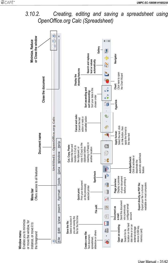  UMPC EC-1000W-H160G/IA User Manual – 31/42 3.10.2. Creating, editing and saving a spreadsheet using OpenOffice.org Calc (Spreadsheet)    